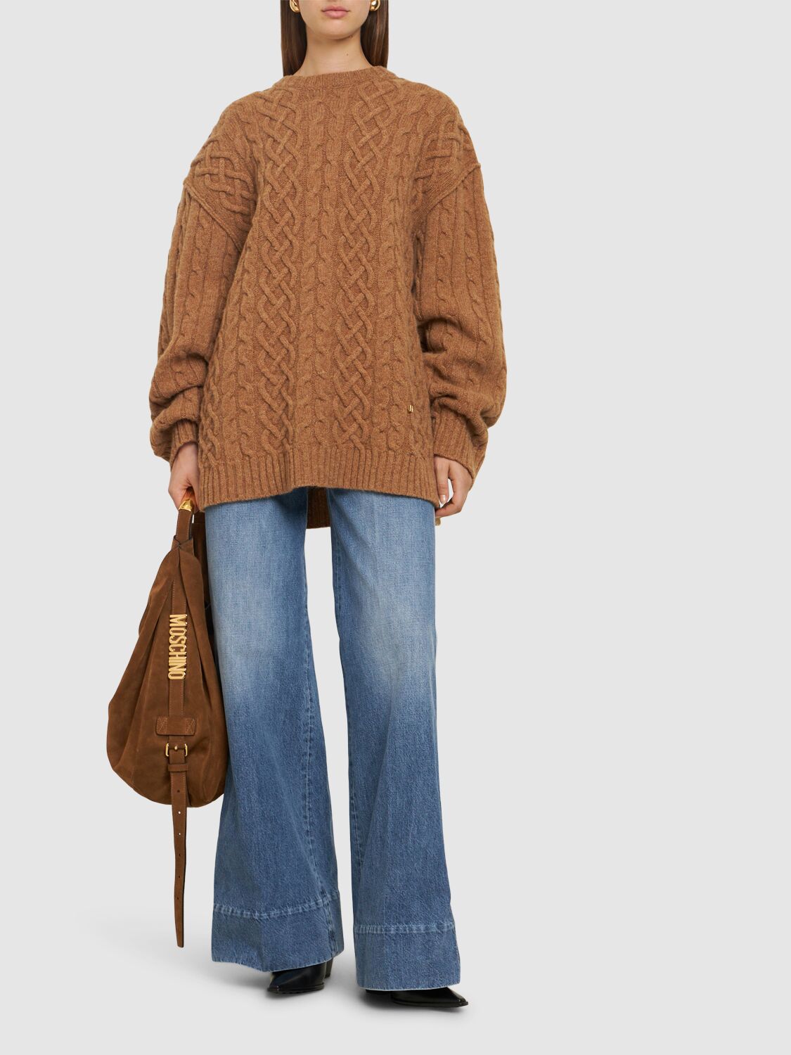 Shop Moschino Wool Cable Knit Sweater In Brown