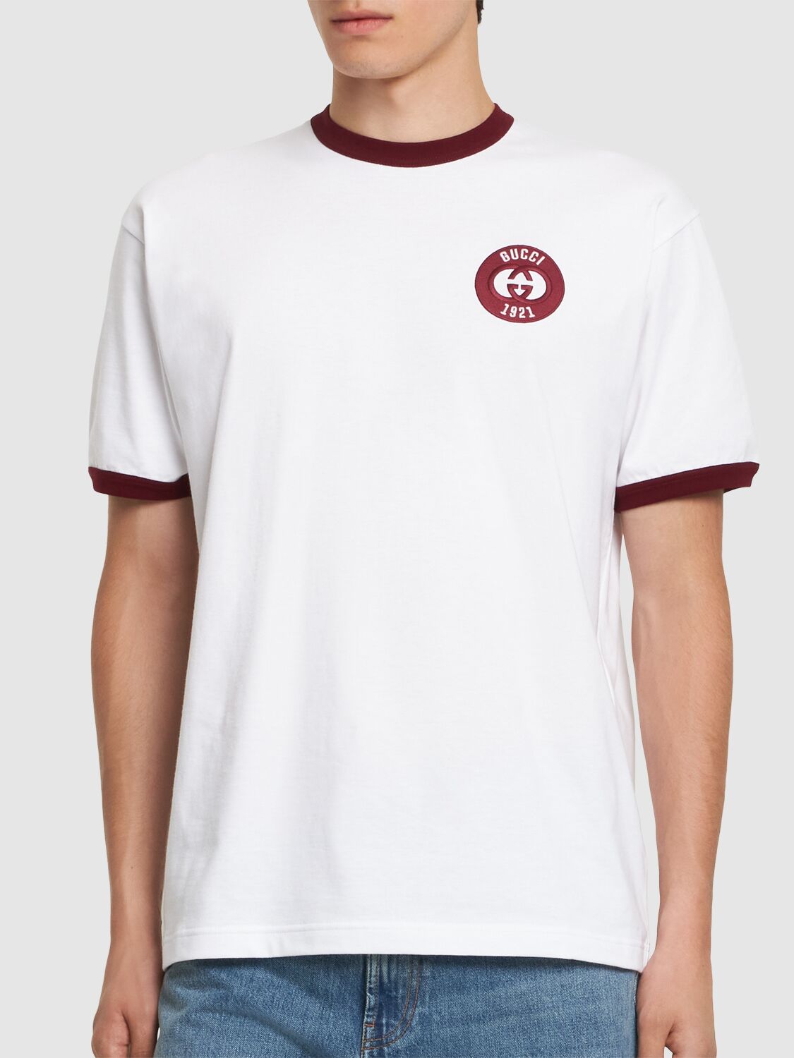 Shop Gucci Patch Cotton Jersey T-shirt In White/bordeaux