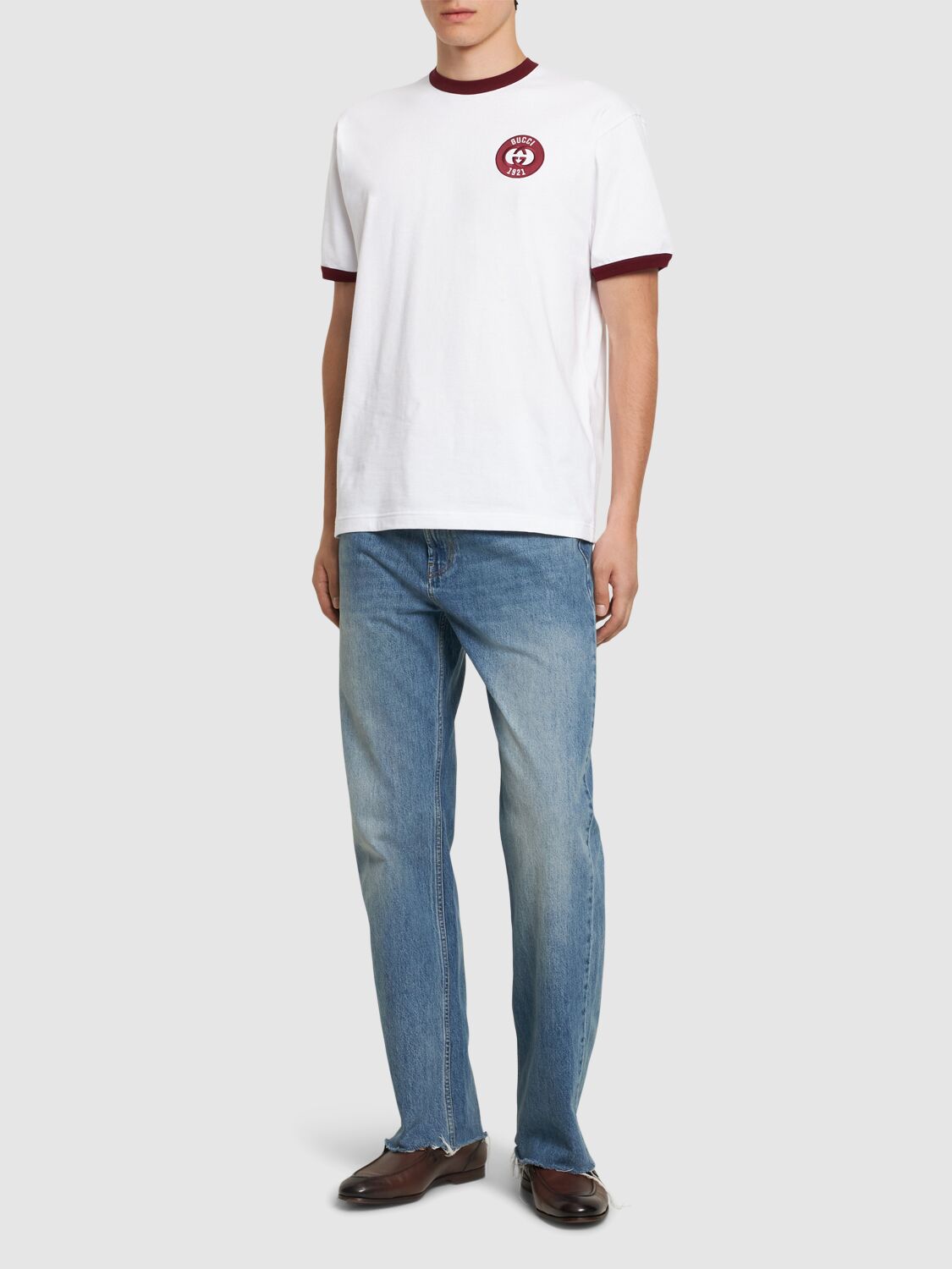 Shop Gucci Patch Cotton Jersey T-shirt In White/bordeaux