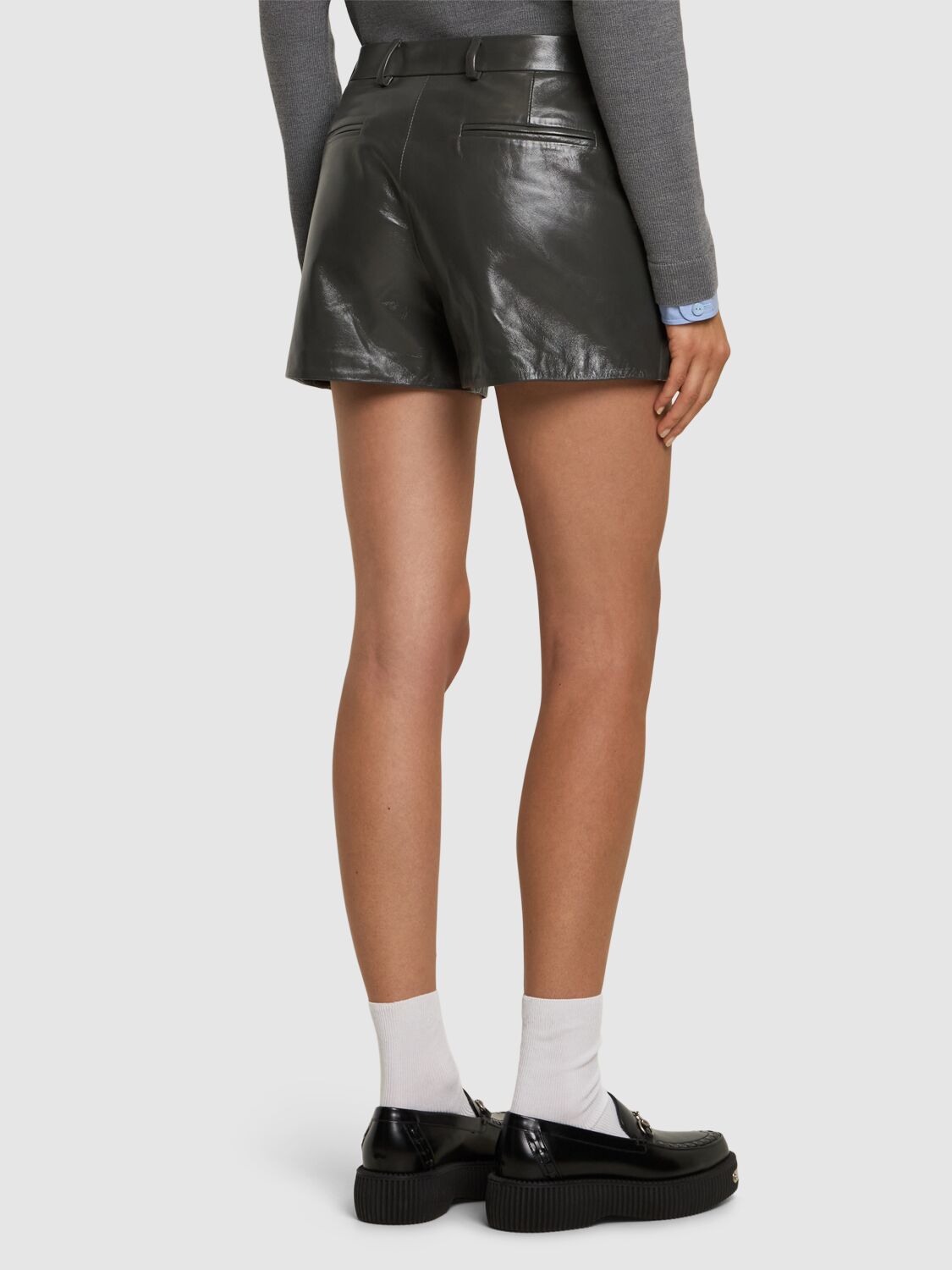 Shop Gucci Shiny Leather Shorts In Asphalt