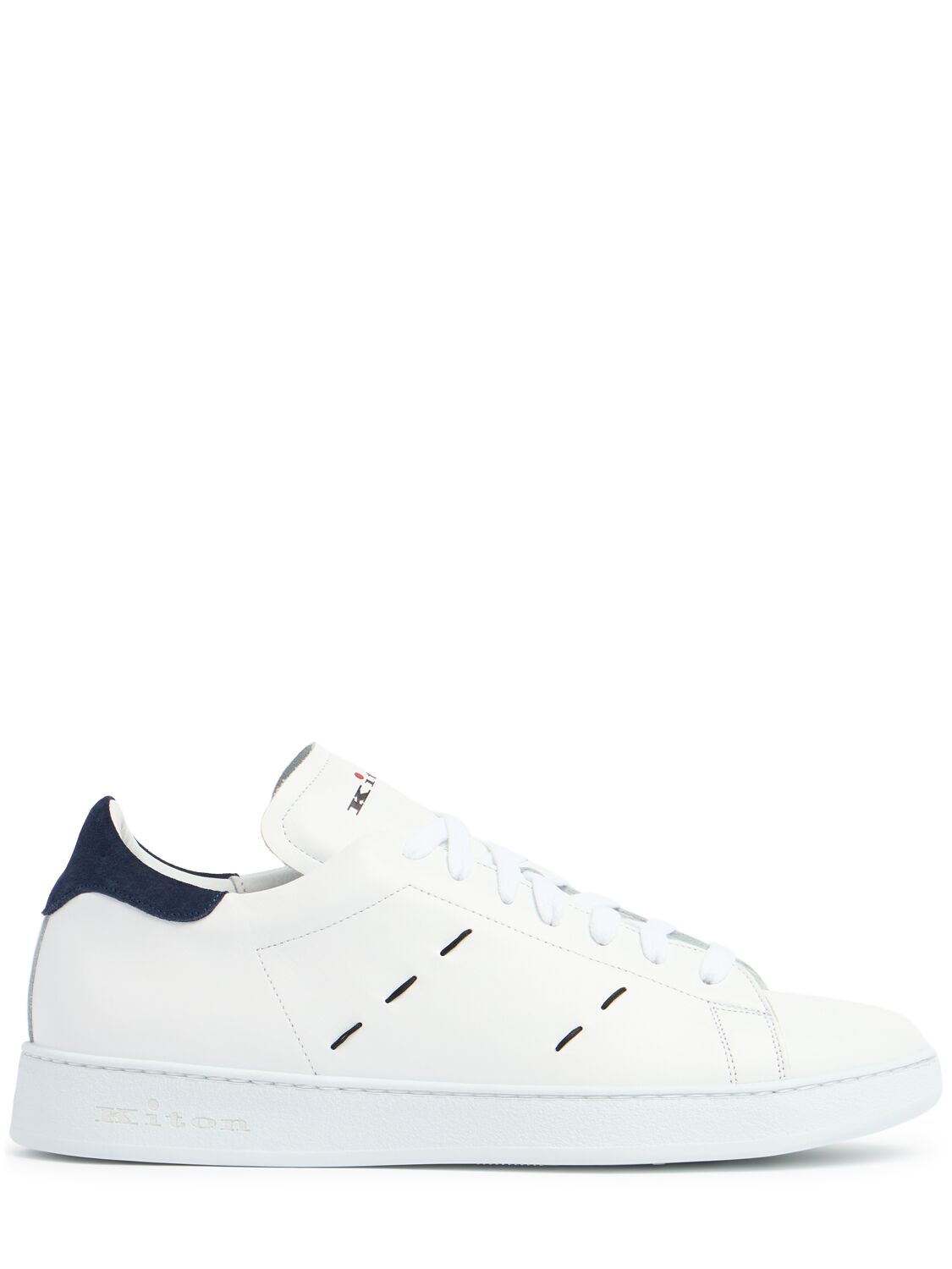 Kiton Leather Low Top Sneakers In White/ink Blue