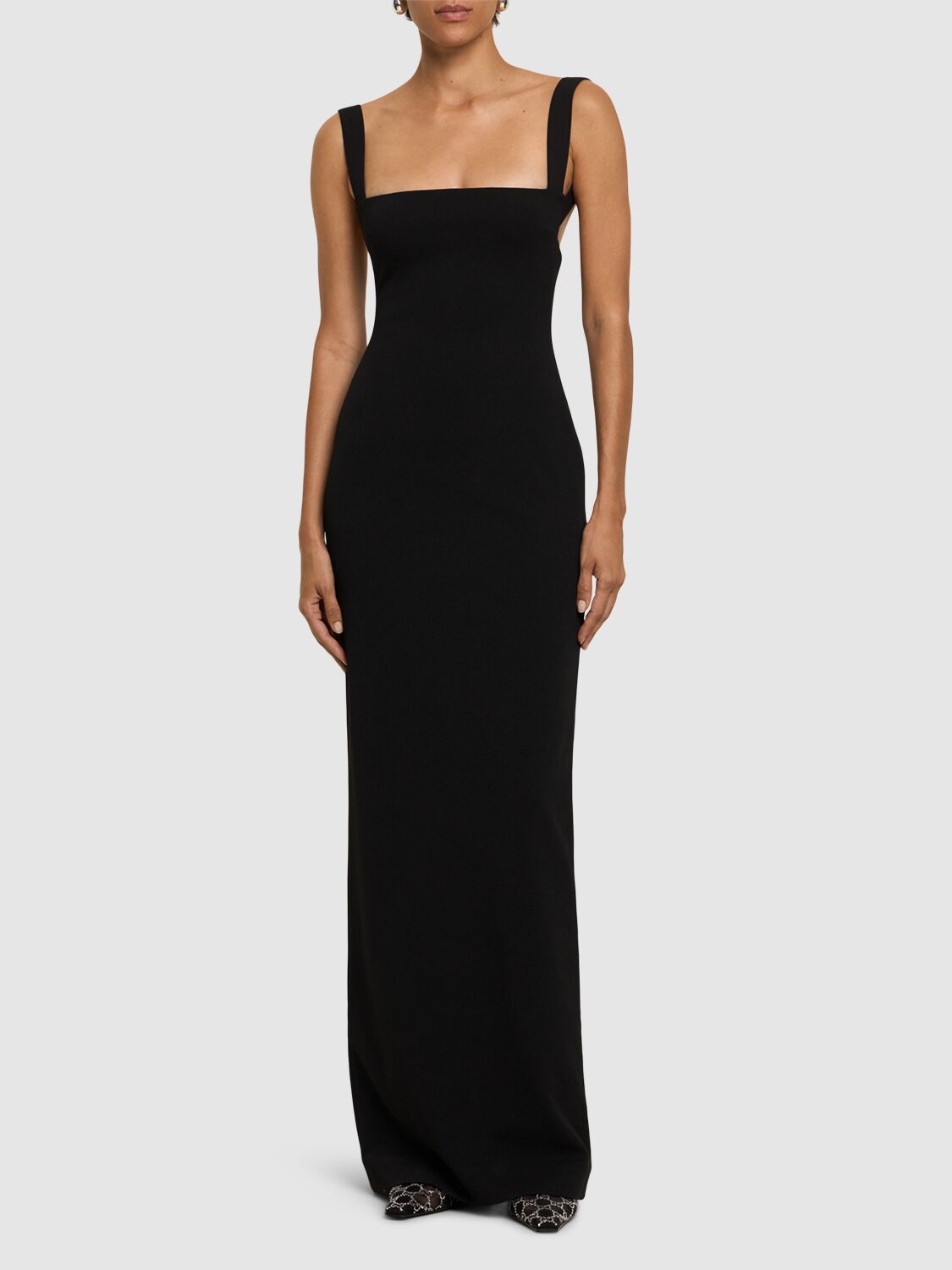 Shop Solace London Joni Square Neck Crepe Knit Long Dress In Black