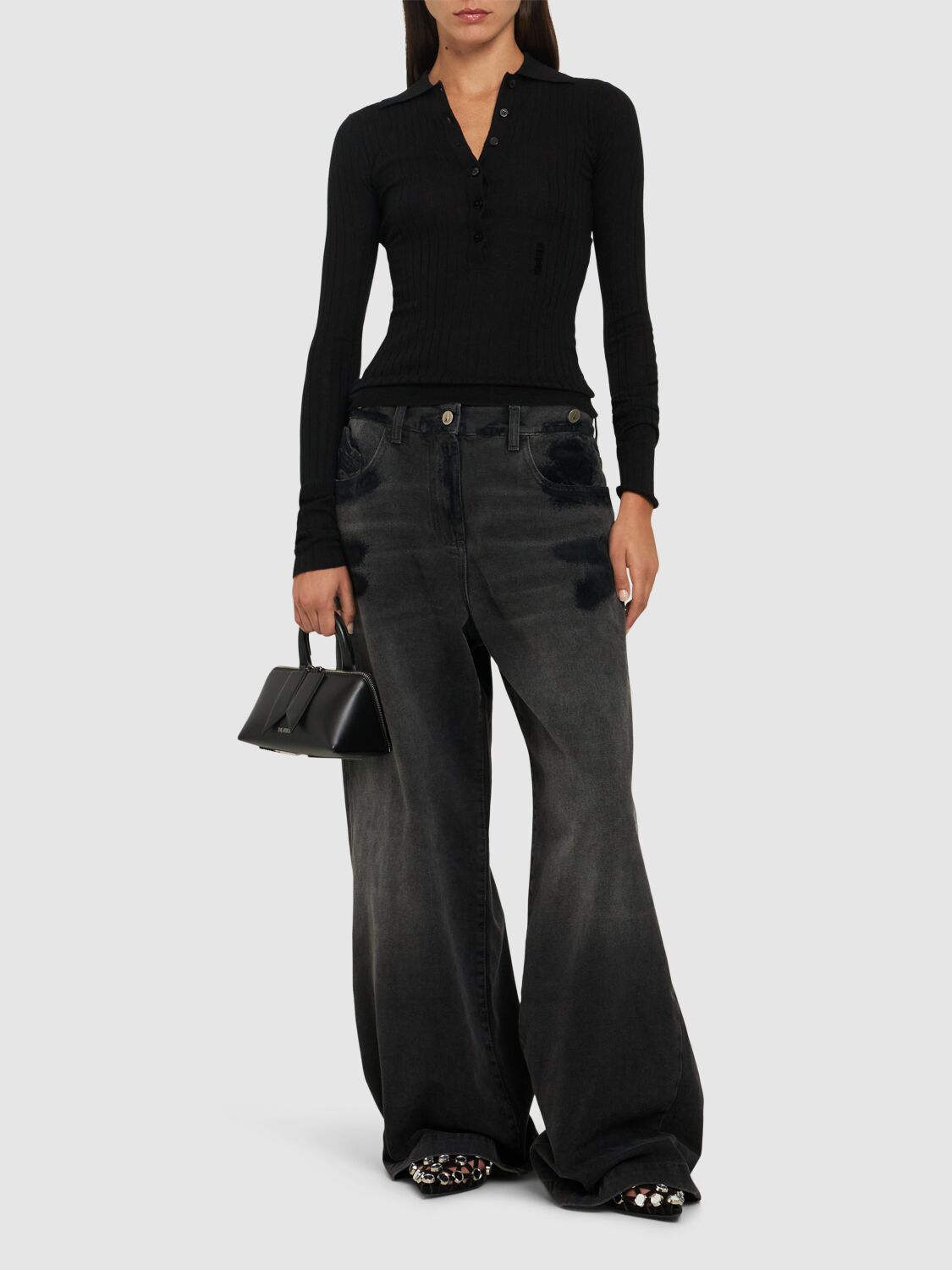 Shop Attico Low Rise Wide Jeans In Black