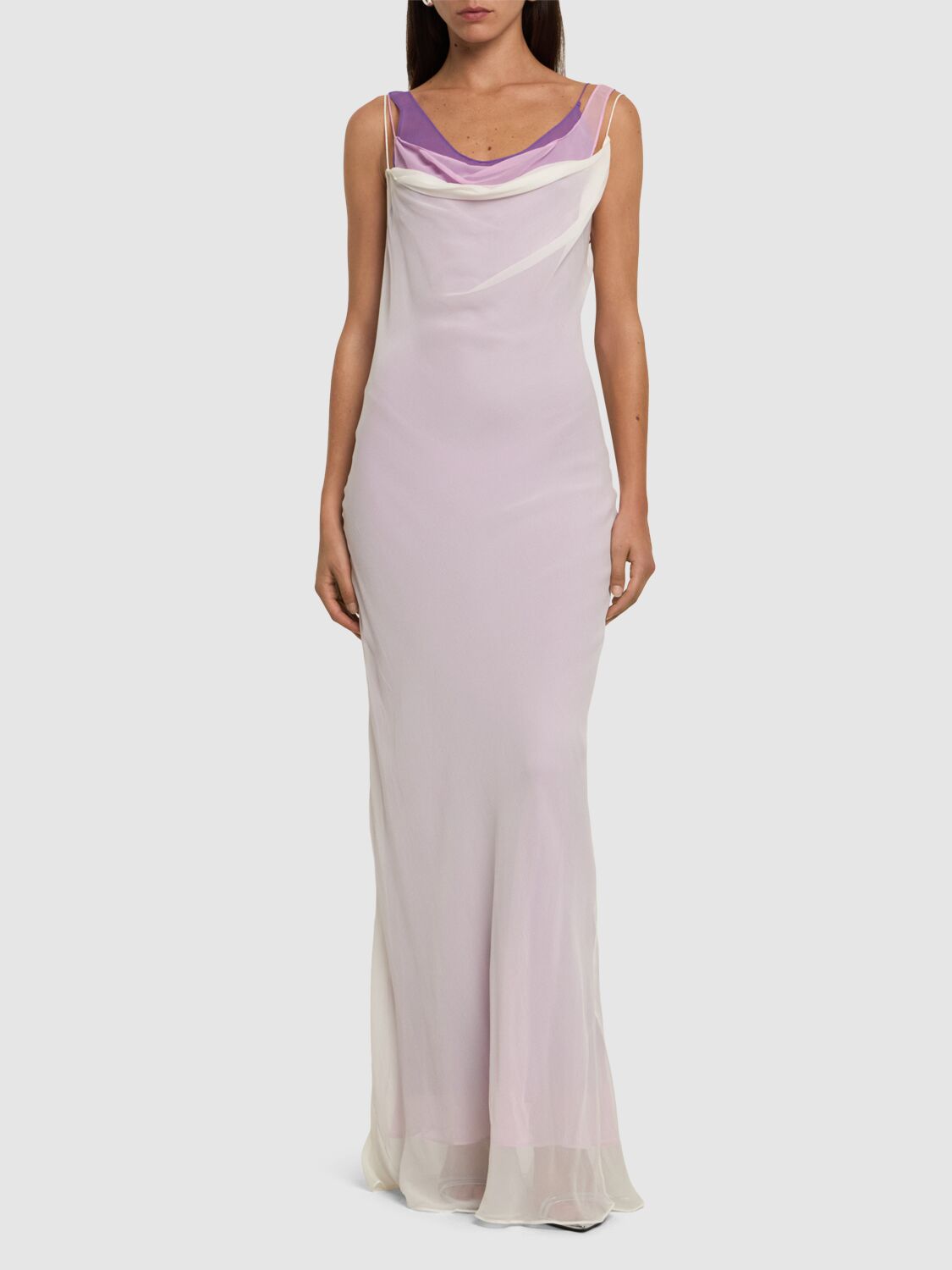 Shop Christopher Esber Tri-layered Cowl Neck Satin Long Dress In Lilac/purple