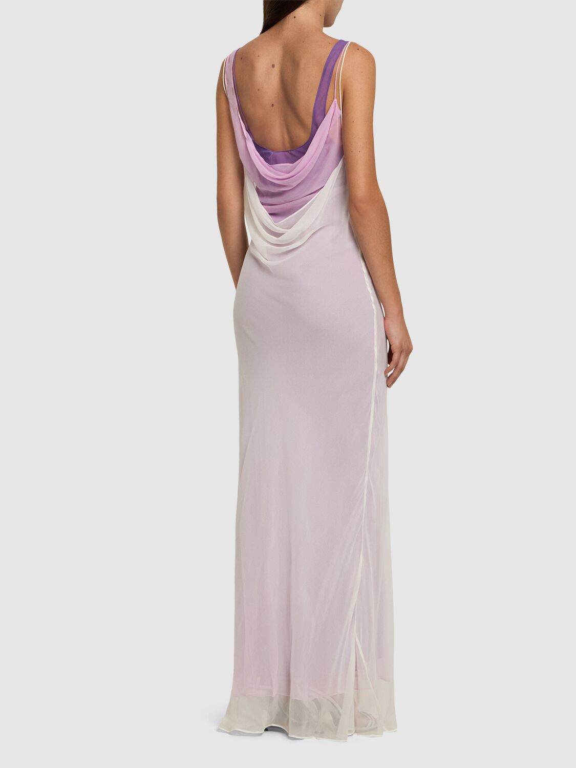 Shop Christopher Esber Tri-layered Cowl Neck Satin Long Dress In Lilac/purple