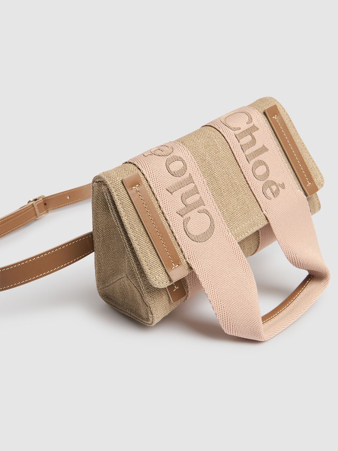 Shop Chloé Woody Linen & Leather Belt Bag In Blushy Beige