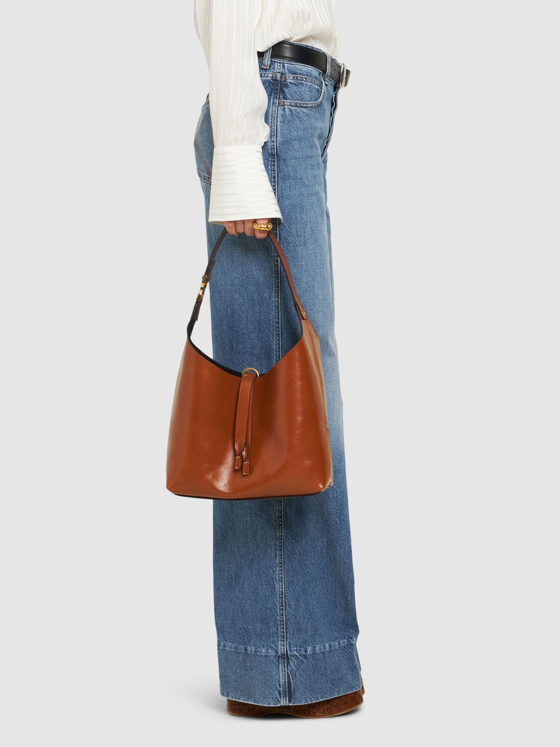 Shop Chloé Marcie Shiny Leather Tote Bag In Tan