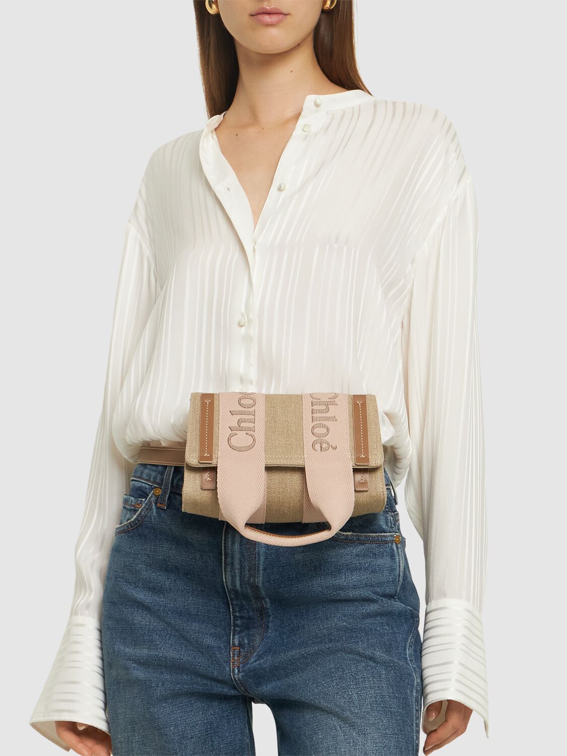 Shop Chloé Woody Linen & Leather Belt Bag In Blushy Beige