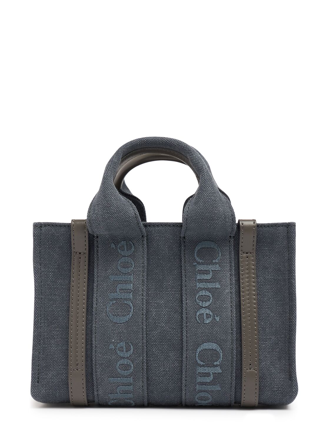 Chloé Small Woody Linen Canvas Bag In Dusky Blue