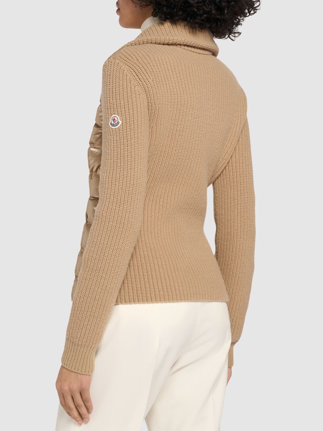 Shop Moncler Padded Wool Blend Zip-up Down Cardigan In Beige