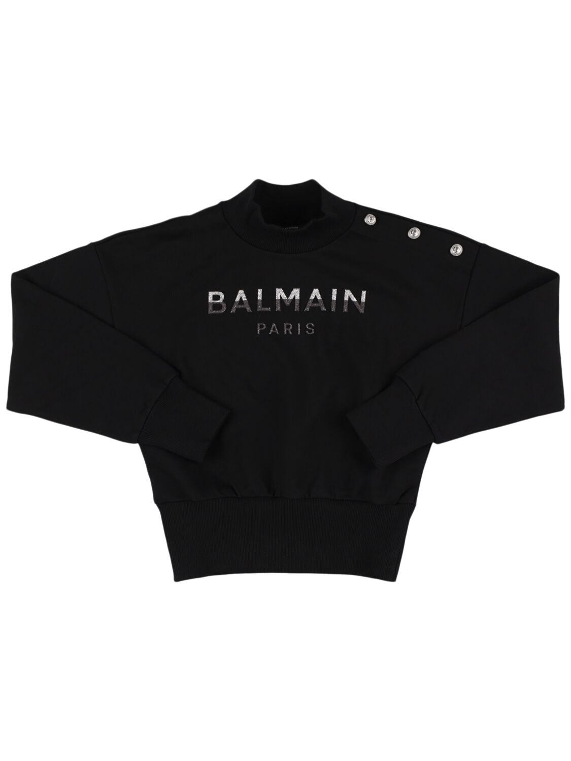 Balmain Glitter Logo Printed Cotton Sweatshirt In Black