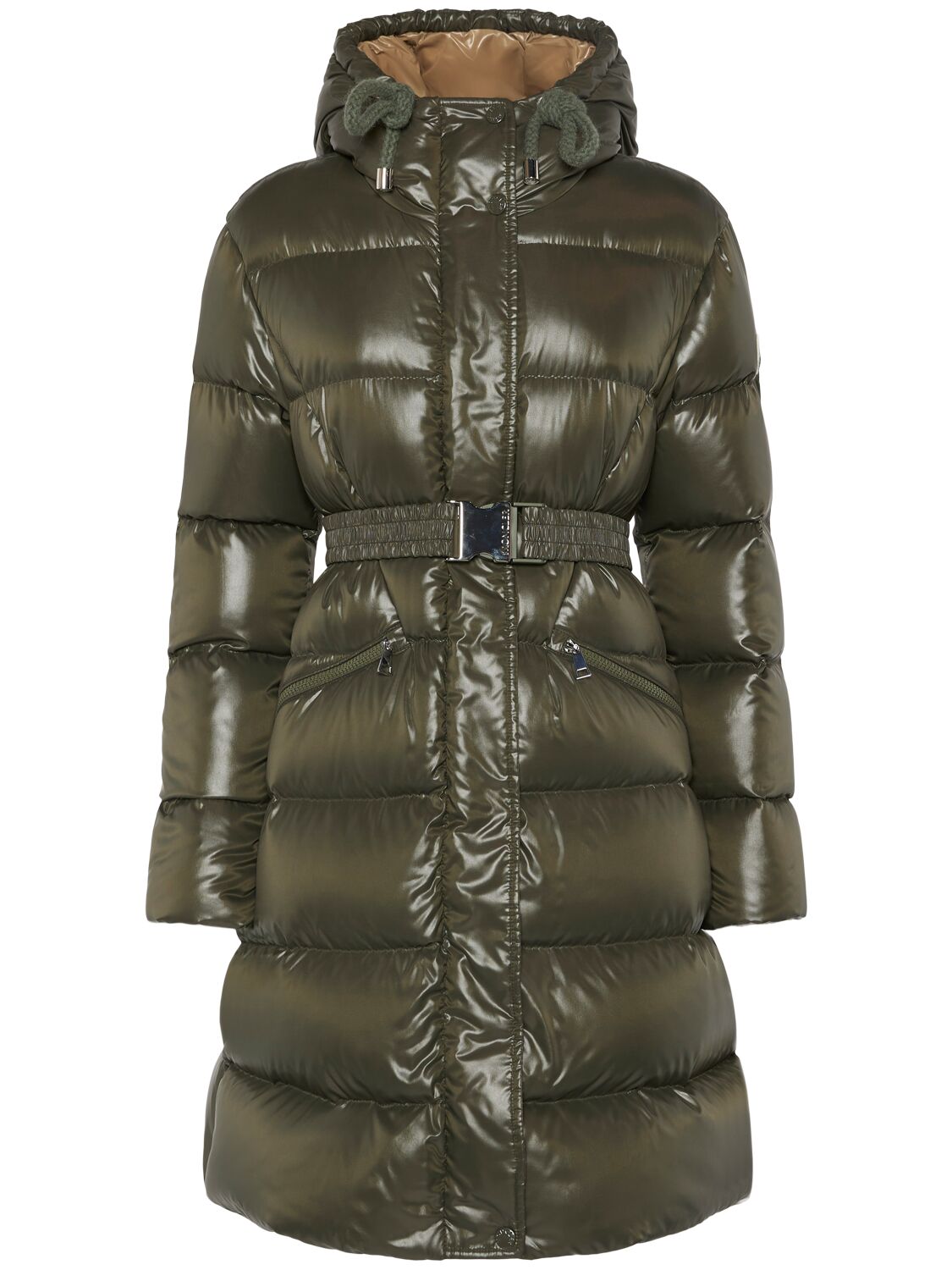 Moncler Bellevue Nylon Laqué Long Down Jacket In Dark Green