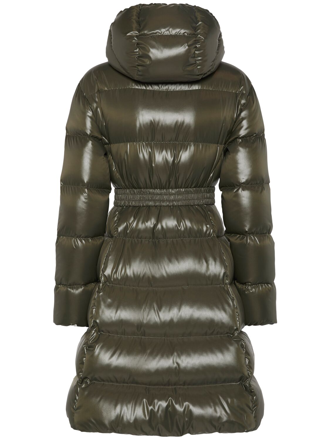 Shop Moncler Bellevue Nylon Laqué Long Down Jacket In Dark Green