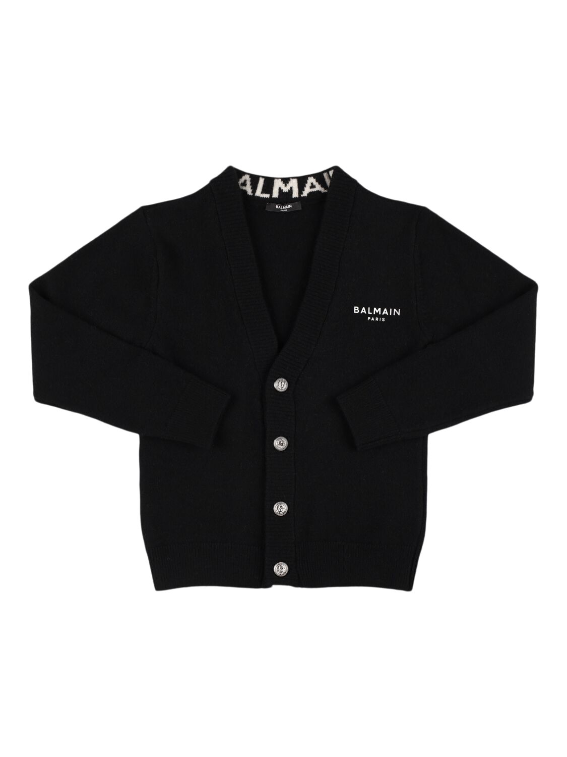 Balmain Wool Blend Knit Cardigan In Black/white