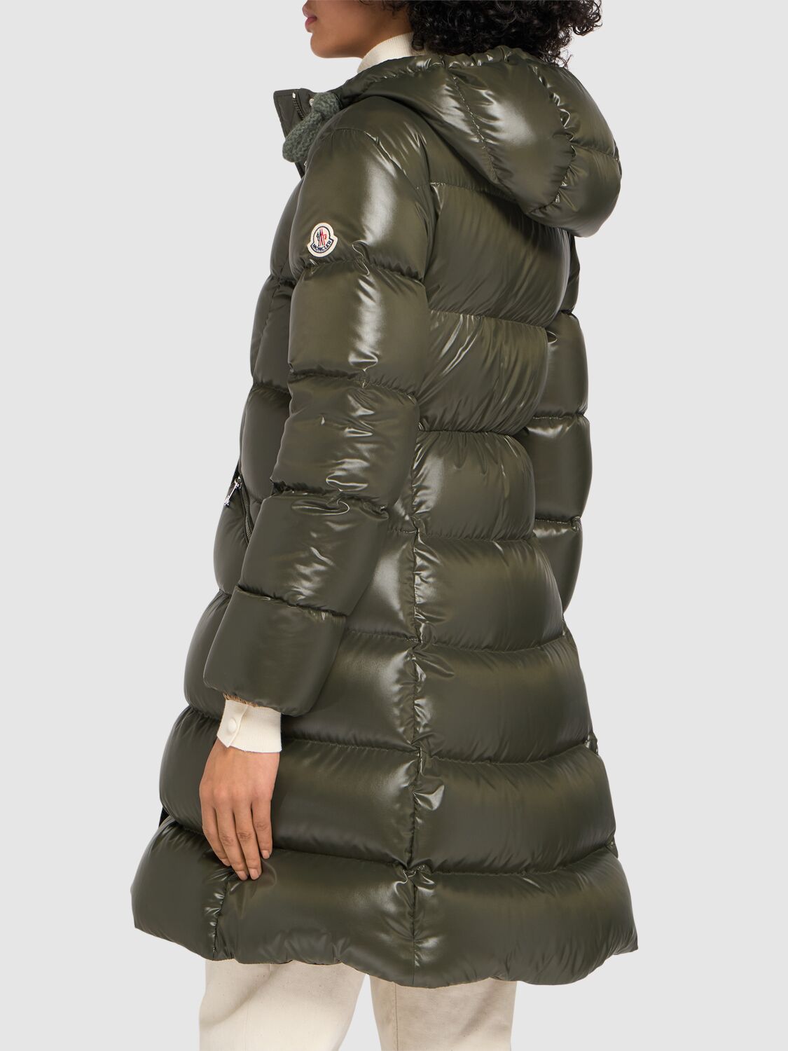 Shop Moncler Bellevue Nylon Laqué Long Down Jacket In Dark Green