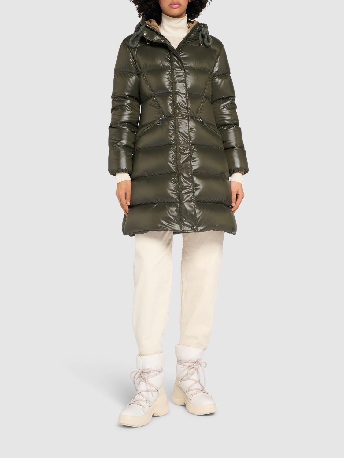 Shop Moncler Bellevue Nylon Laqué Long Down Jacket In Dark Green