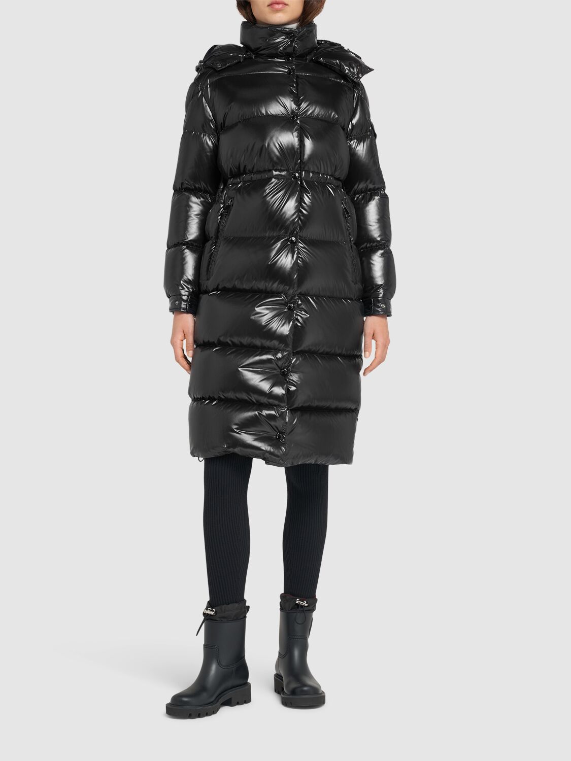 Shop Moncler Cavettaz Nylon Laqué Down Long Jacket In Black