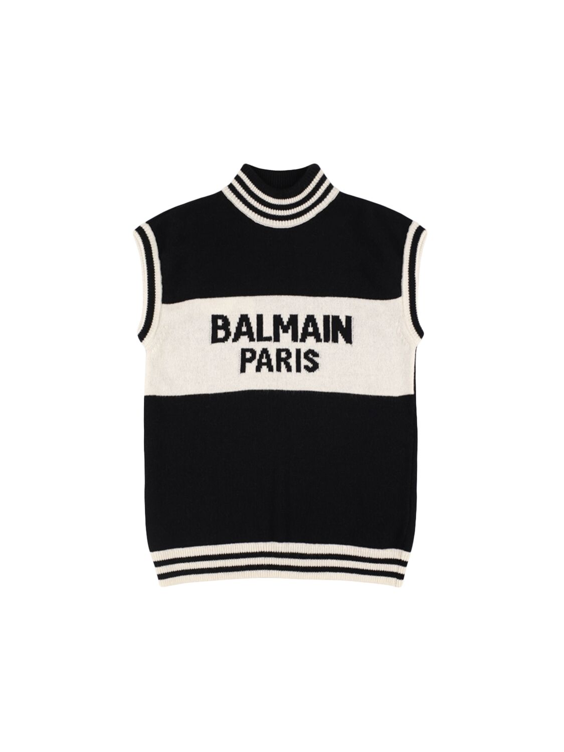 Balmain Logo Wool Blend Jacquard Knit Vest In Black/white