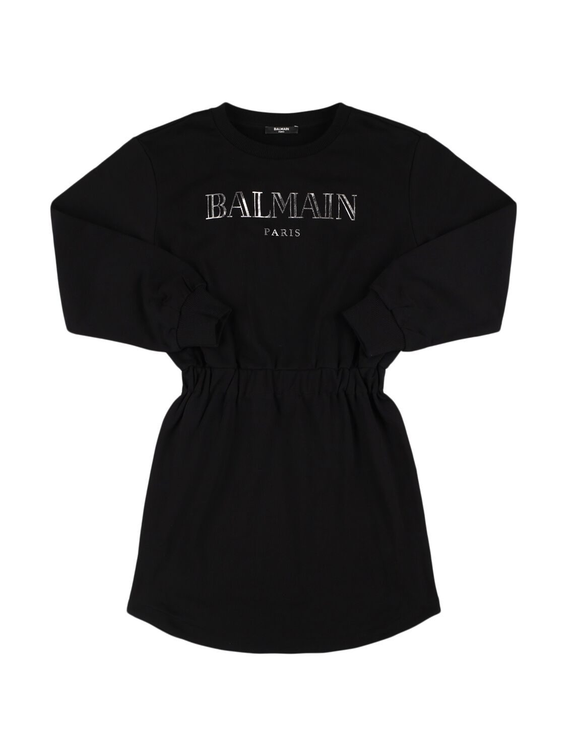 Balmain Logo Printed Cotton Sweatshirt Dress In Black/silver