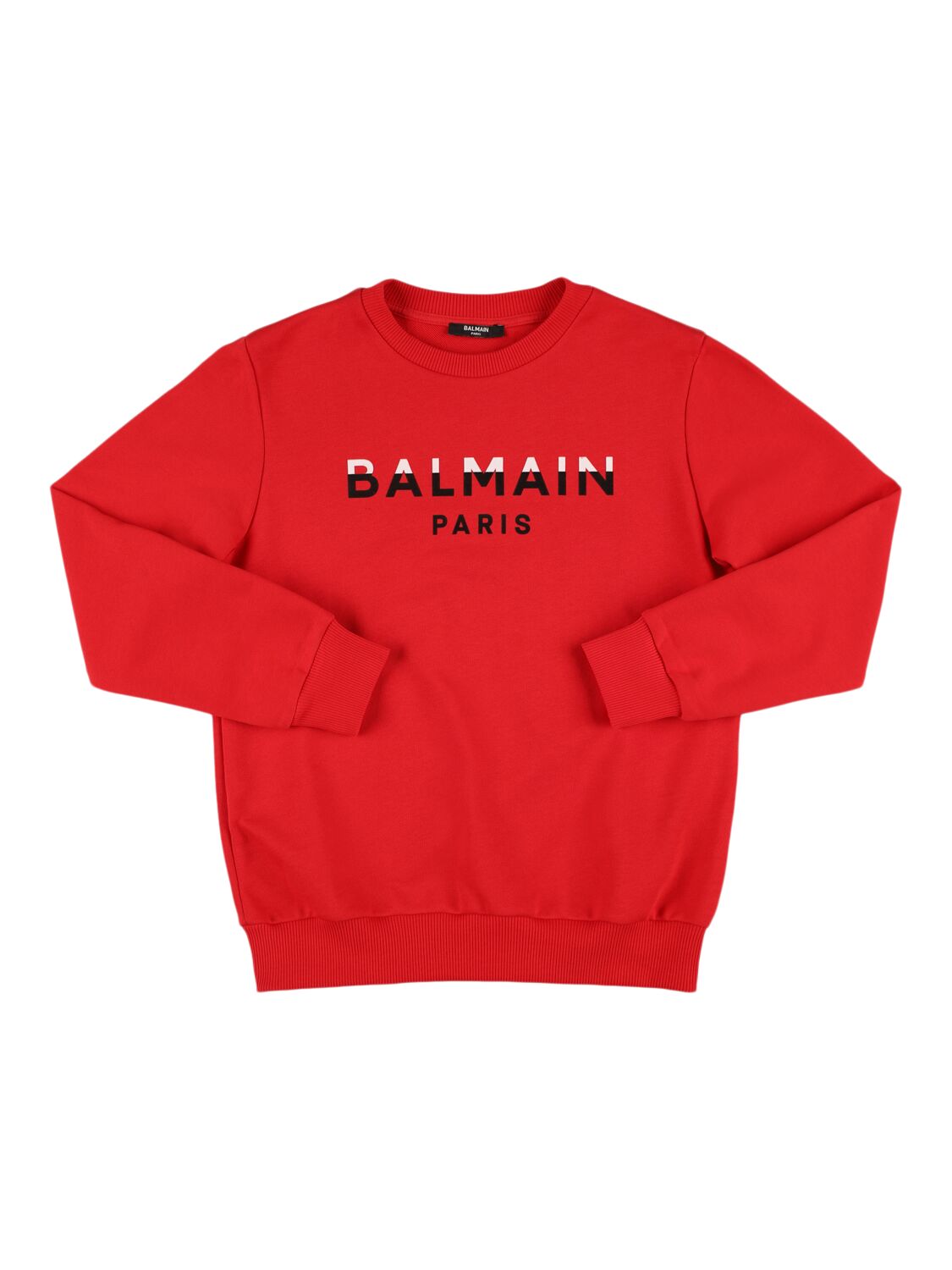 Balmain Printed Logo Cotton Crewneck Sweatshirt In Red