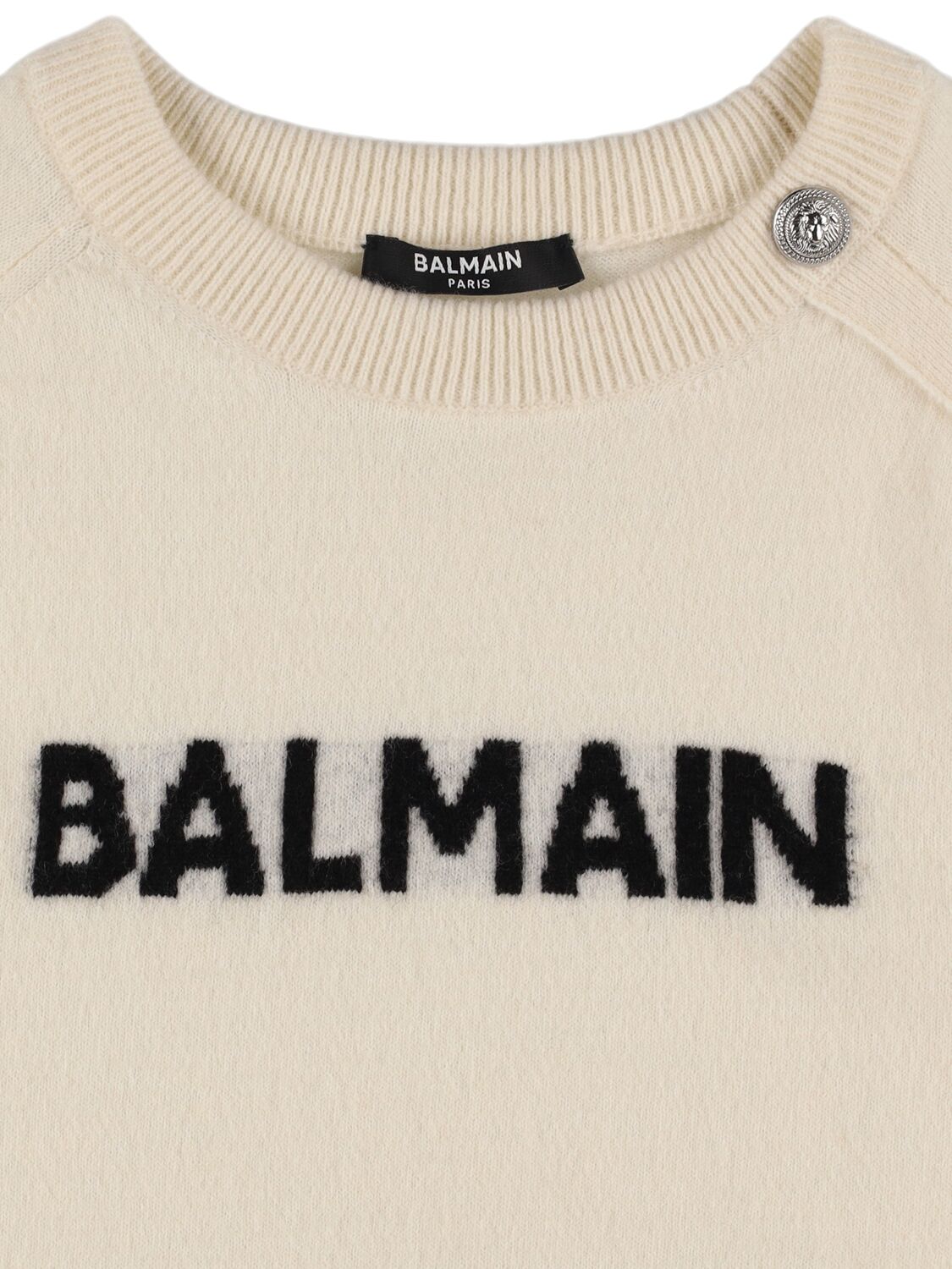 Shop Balmain Logo Wool Blend Knit Sweater In White/black