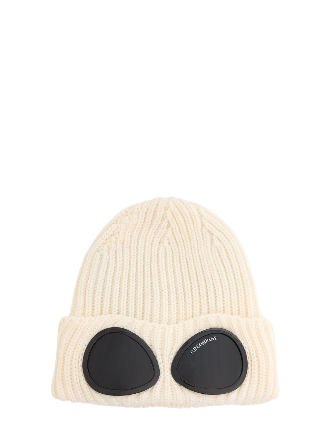 C.p. Company Wool Rib Knit Beanie W/goggles In White