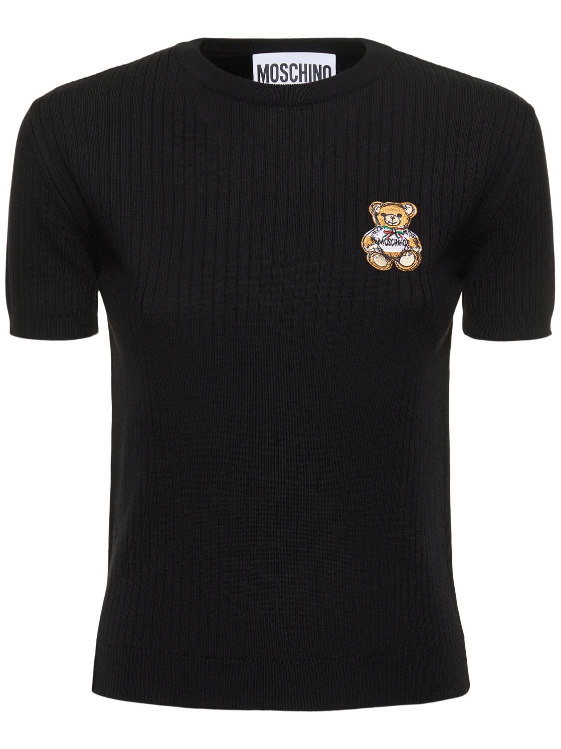 Moschino Wool Ribbed Knit Short Sleeve Top In Black