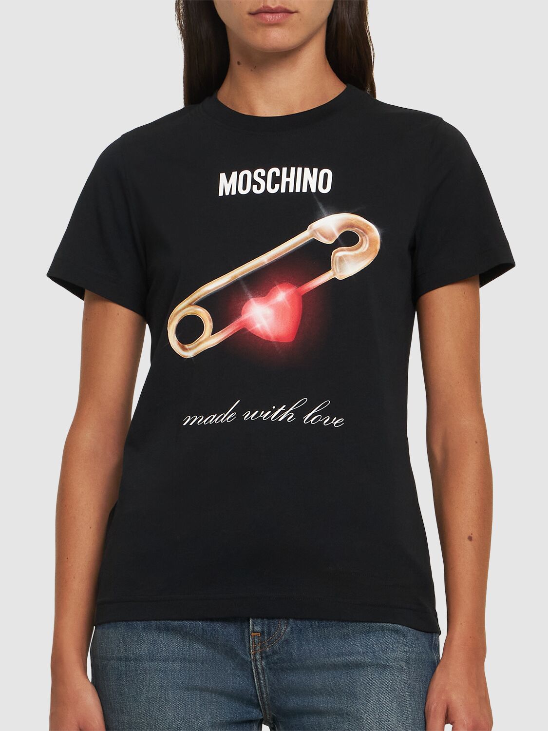 Shop Moschino Printed Cotton Jersey T-shirt In Black