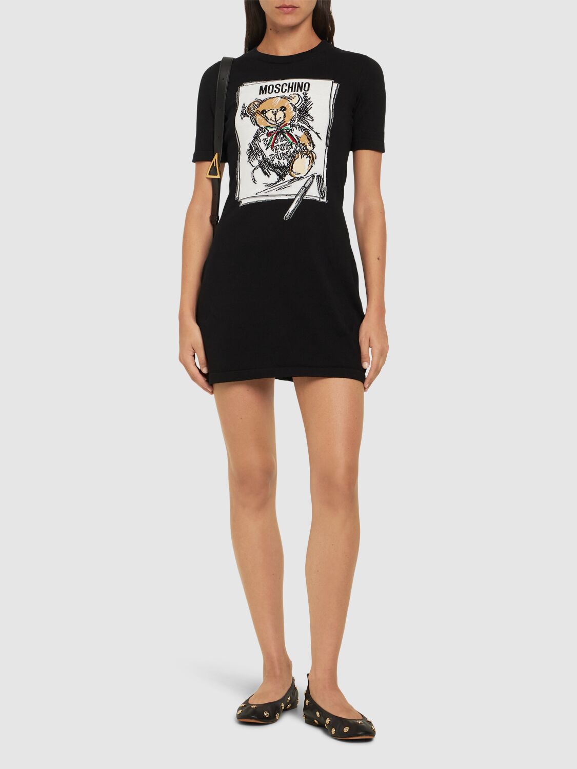 Shop Moschino Printed Cotton Knit S/s Mini Dress In Black