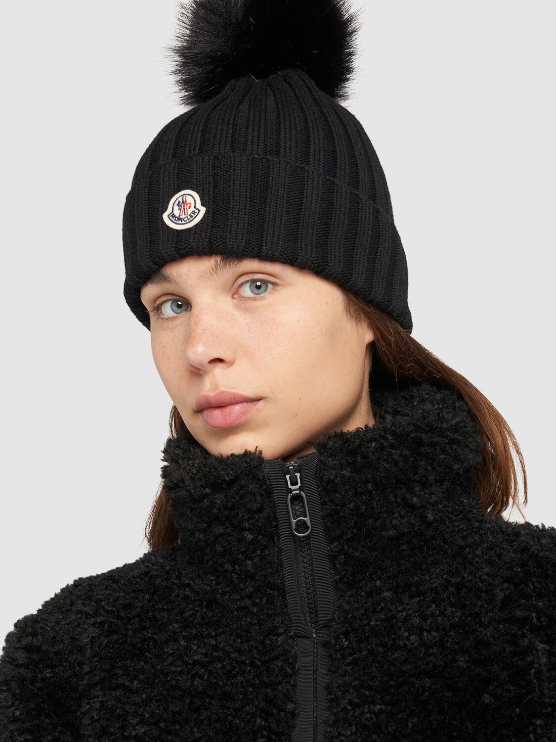 Shop Moncler Virgin Wool Beanie W/ Pompom In Black