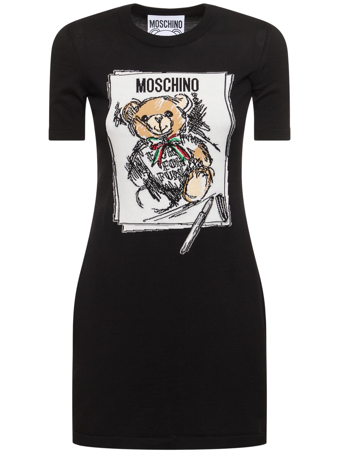 Shop Moschino Printed Cotton Knit S/s Mini Dress In Black