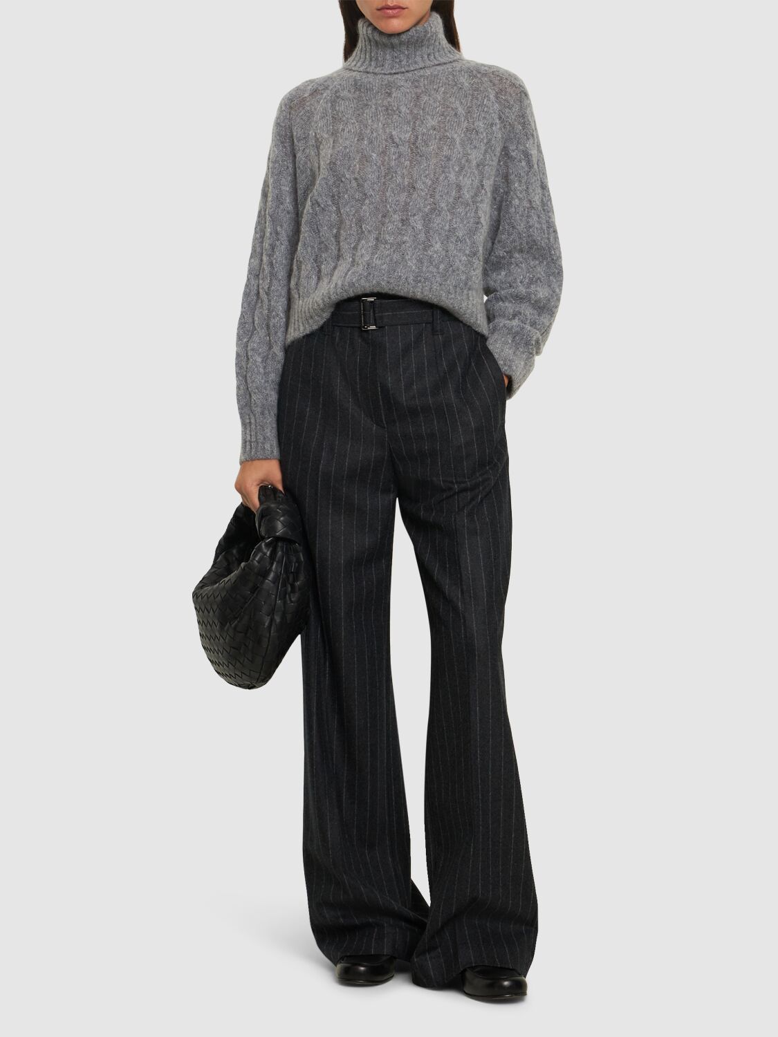 Shop Brunello Cucinelli Pinstripe Wool Flannel Wide Pants In Grey/multi