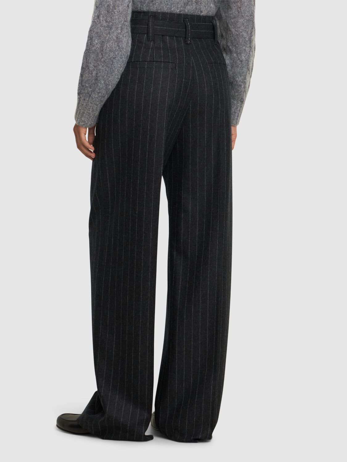 Shop Brunello Cucinelli Pinstripe Wool Flannel Wide Pants In Grey/multi