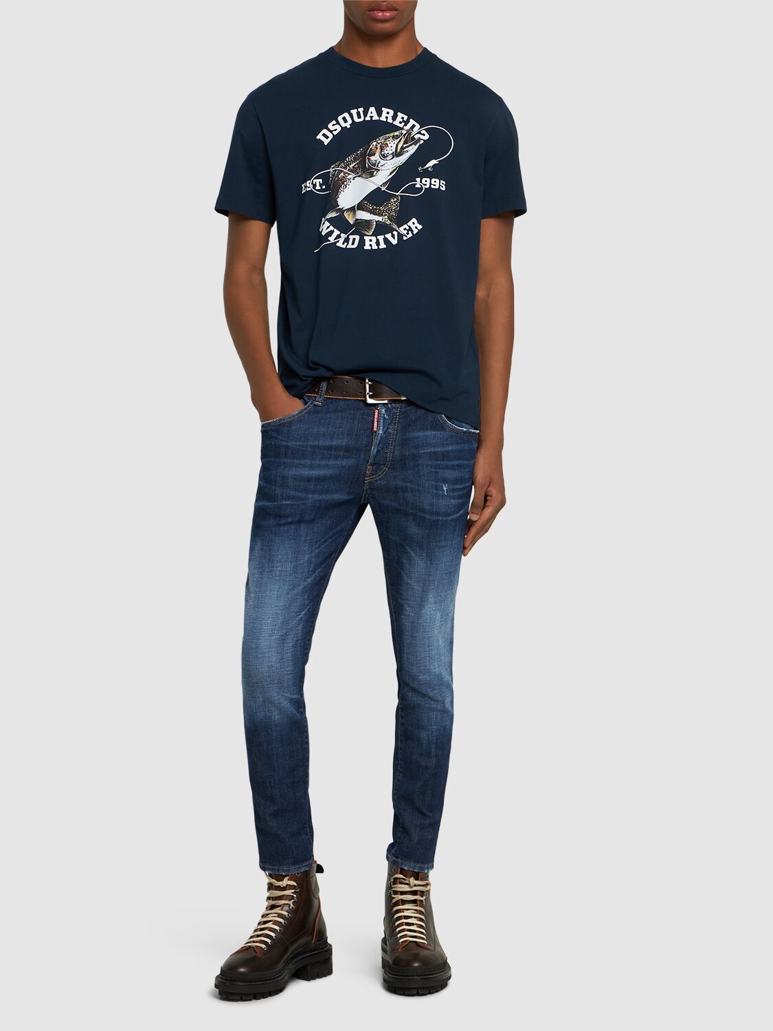 Shop Dsquared2 Regular Fish Print Logo T-shirt In Navy