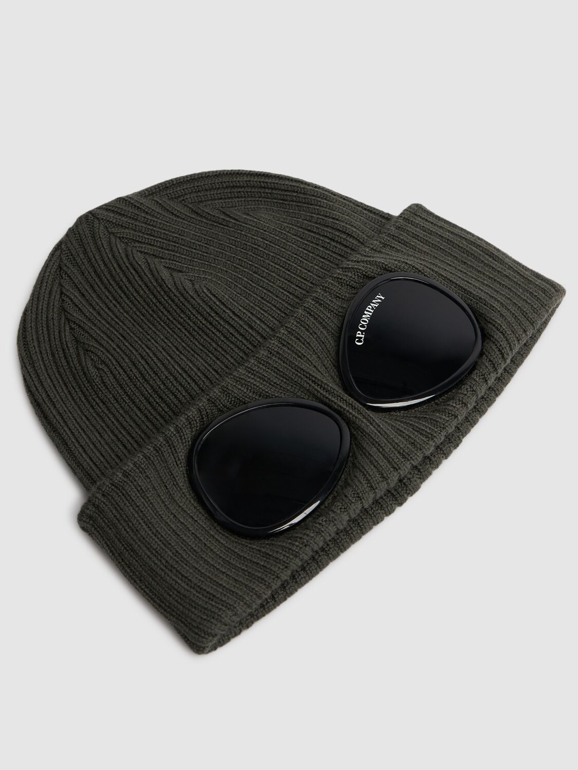 Shop C.p. Company Wool Rib Knit Beanie W/goggles In Dark Green