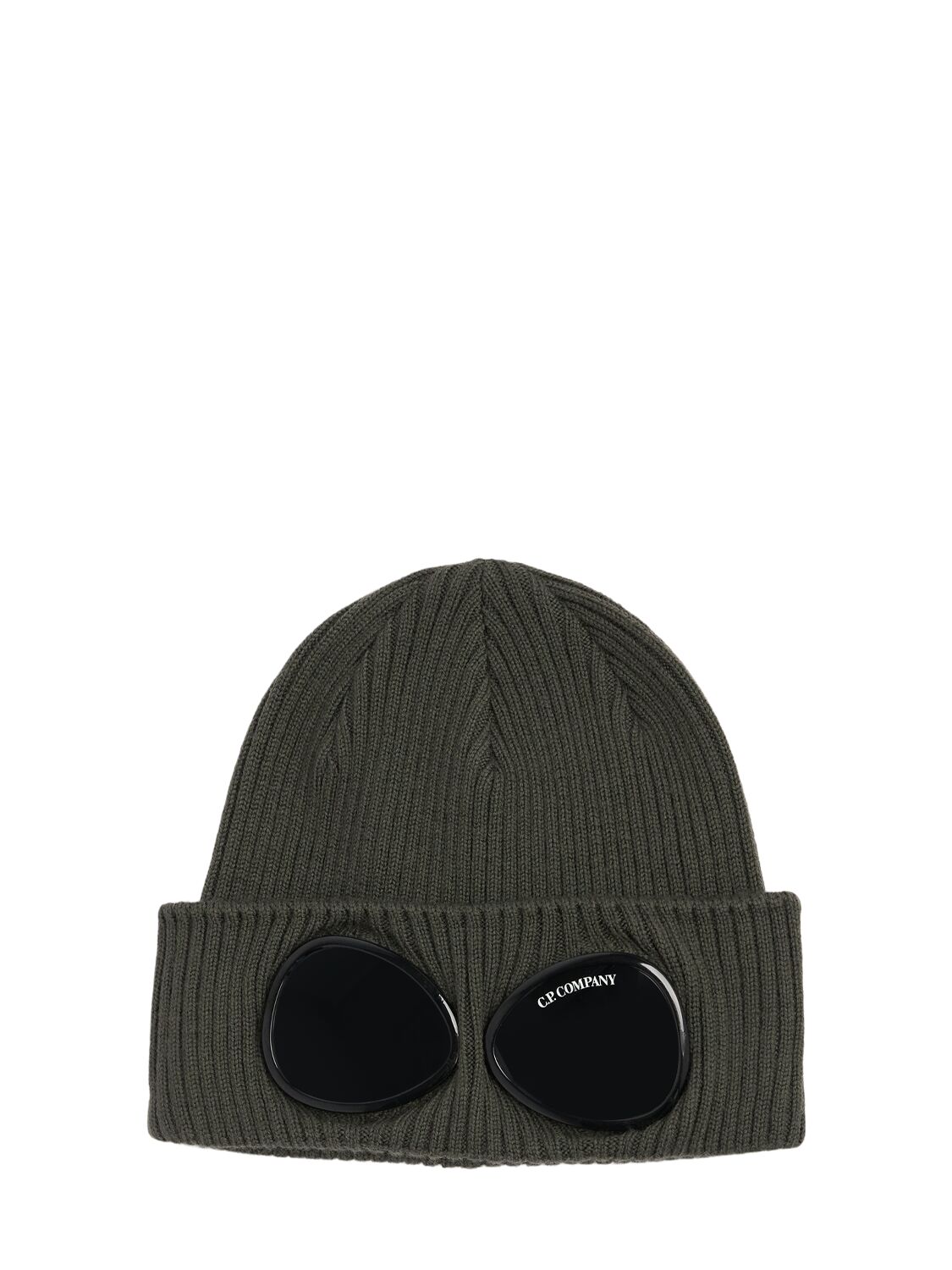 C.p. Company Wool Rib Knit Beanie W/goggles In Dark Green