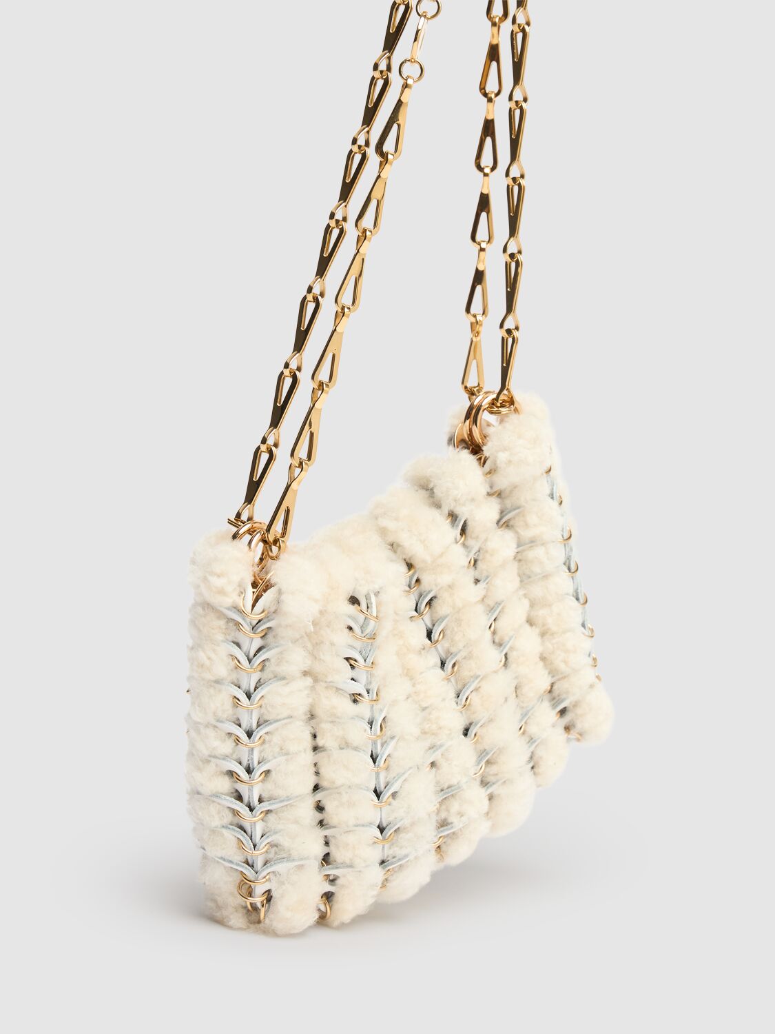 Shop Rabanne Sac À Main Shearling Shoulder Bag In Ecru/ Gold