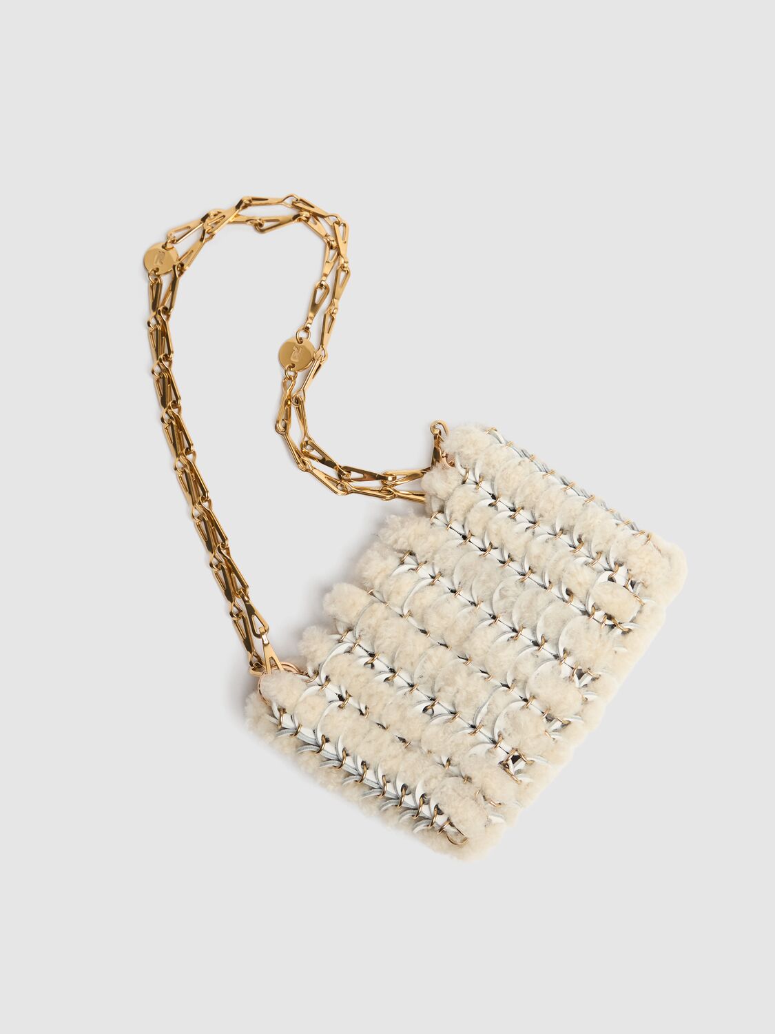 Shop Rabanne Sac À Main Shearling Shoulder Bag In Ecru/ Gold