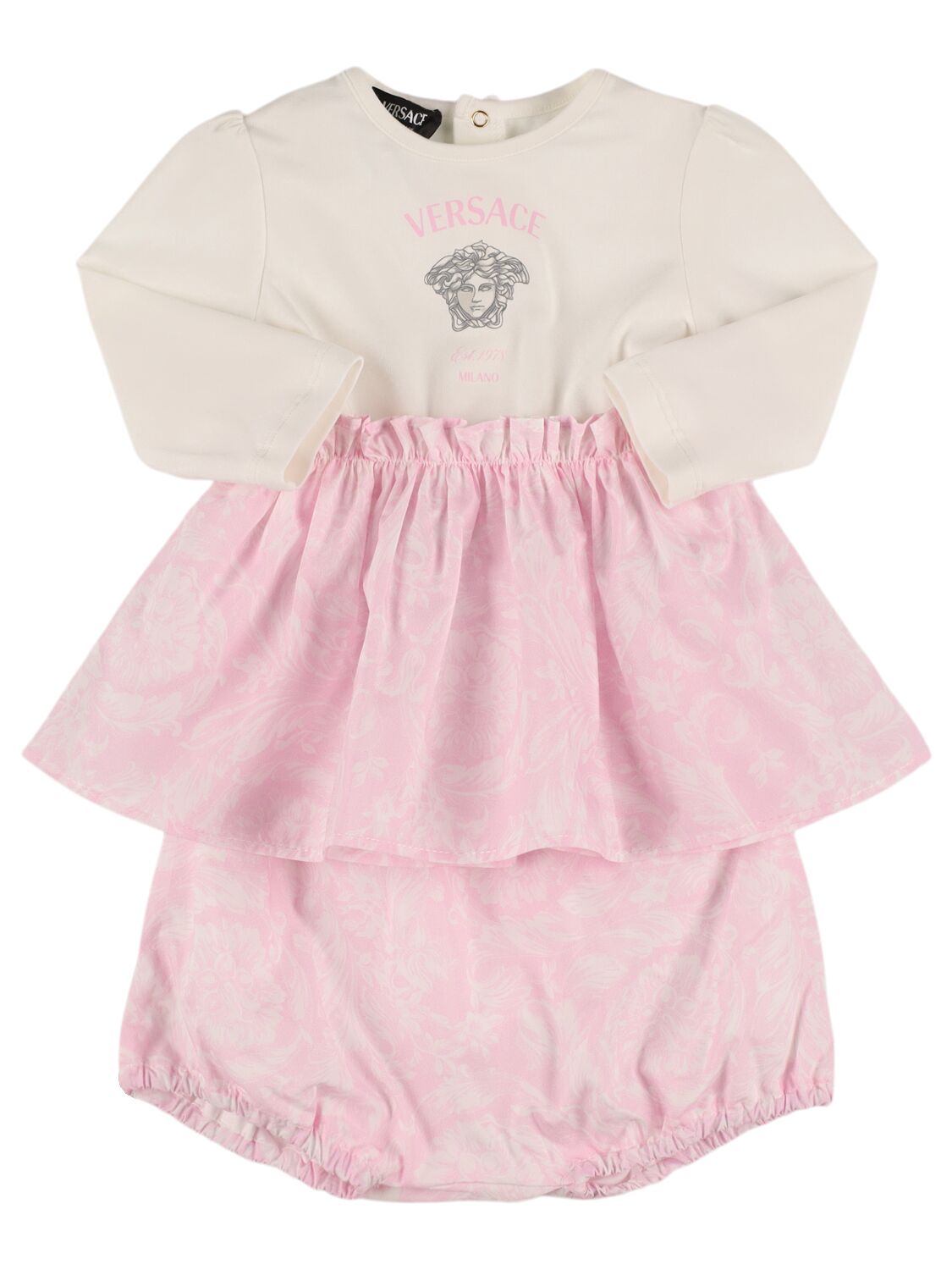 Versace Cotton Jersey Dress & Diaper Cover In White/pink