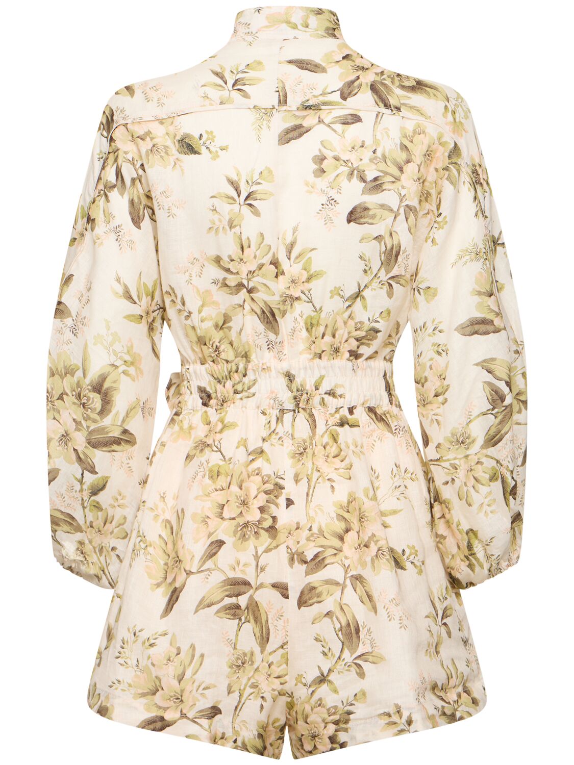 Shop Zimmermann Golden Printed Linen Belted Playsuit In Multi Sage