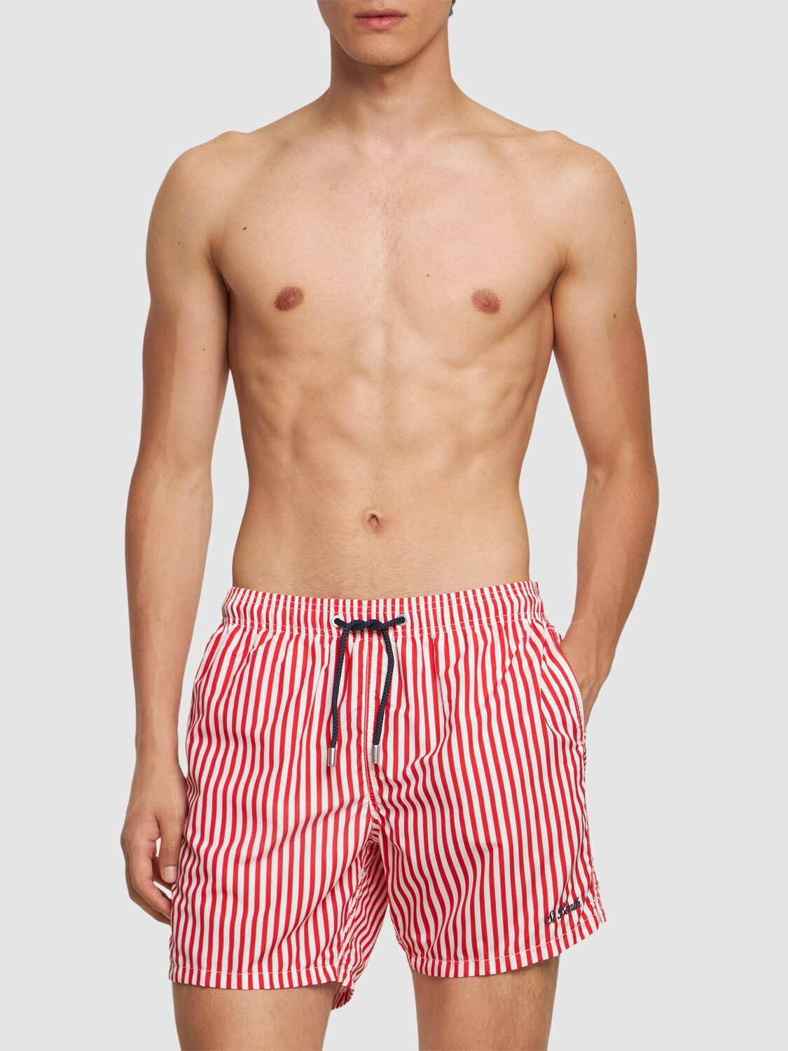 Shop Mc2 Saint Barth Striped Print Tech Swim Shorts In Red/blue