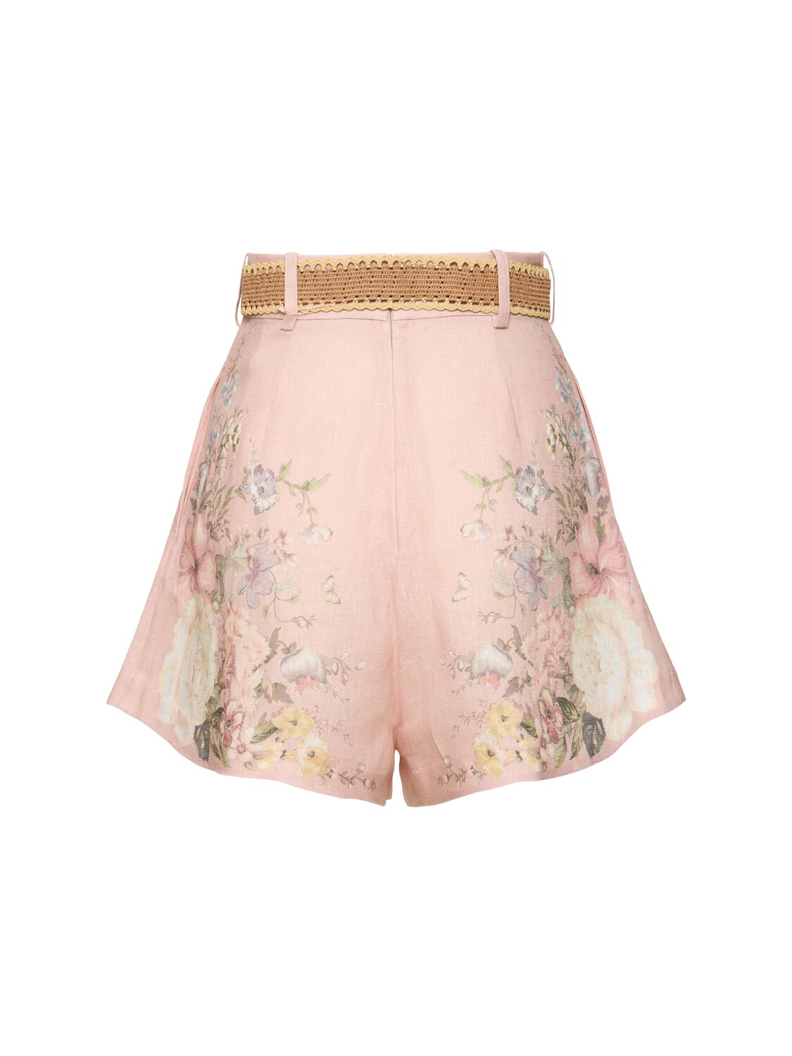 Shop Zimmermann Waverly Printed Linen Belted Tuck Shorts In Pink/multi