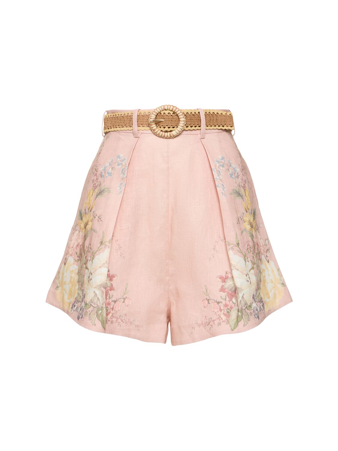 Shop Zimmermann Waverly Printed Linen Belted Tuck Shorts In Pink/multi