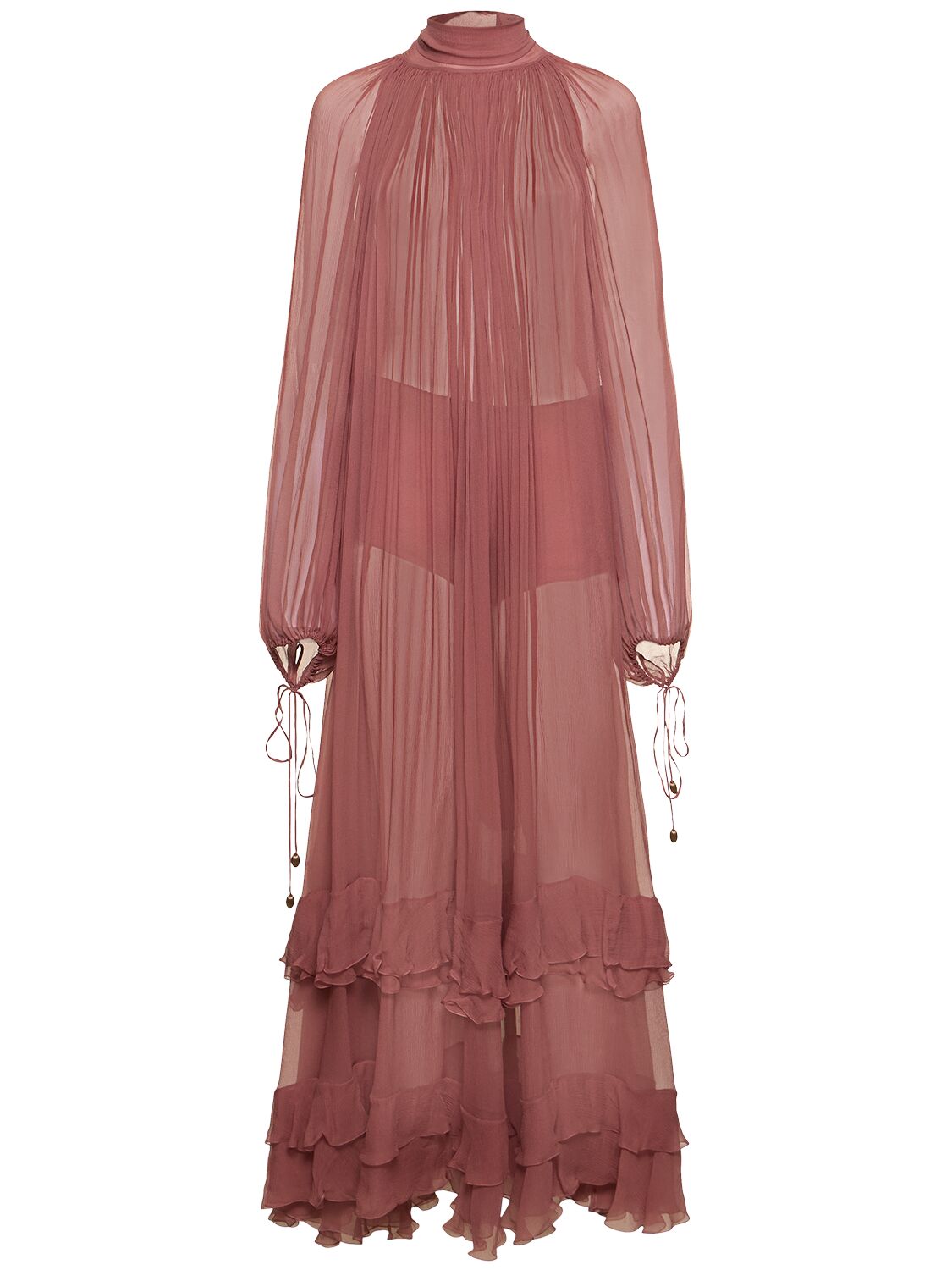 Shop Chloé Draped Silk Mousseline Long Dress In Dark Pink