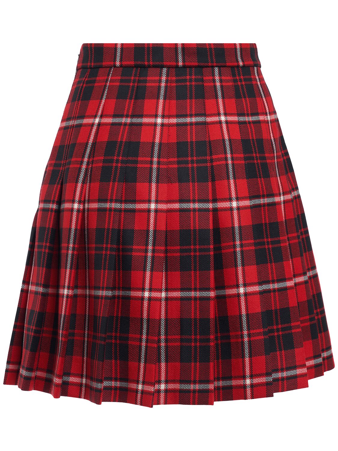 Shop Alessandra Rich Pleated Wool Tartan Mini Skirt W/buckles In Red/black