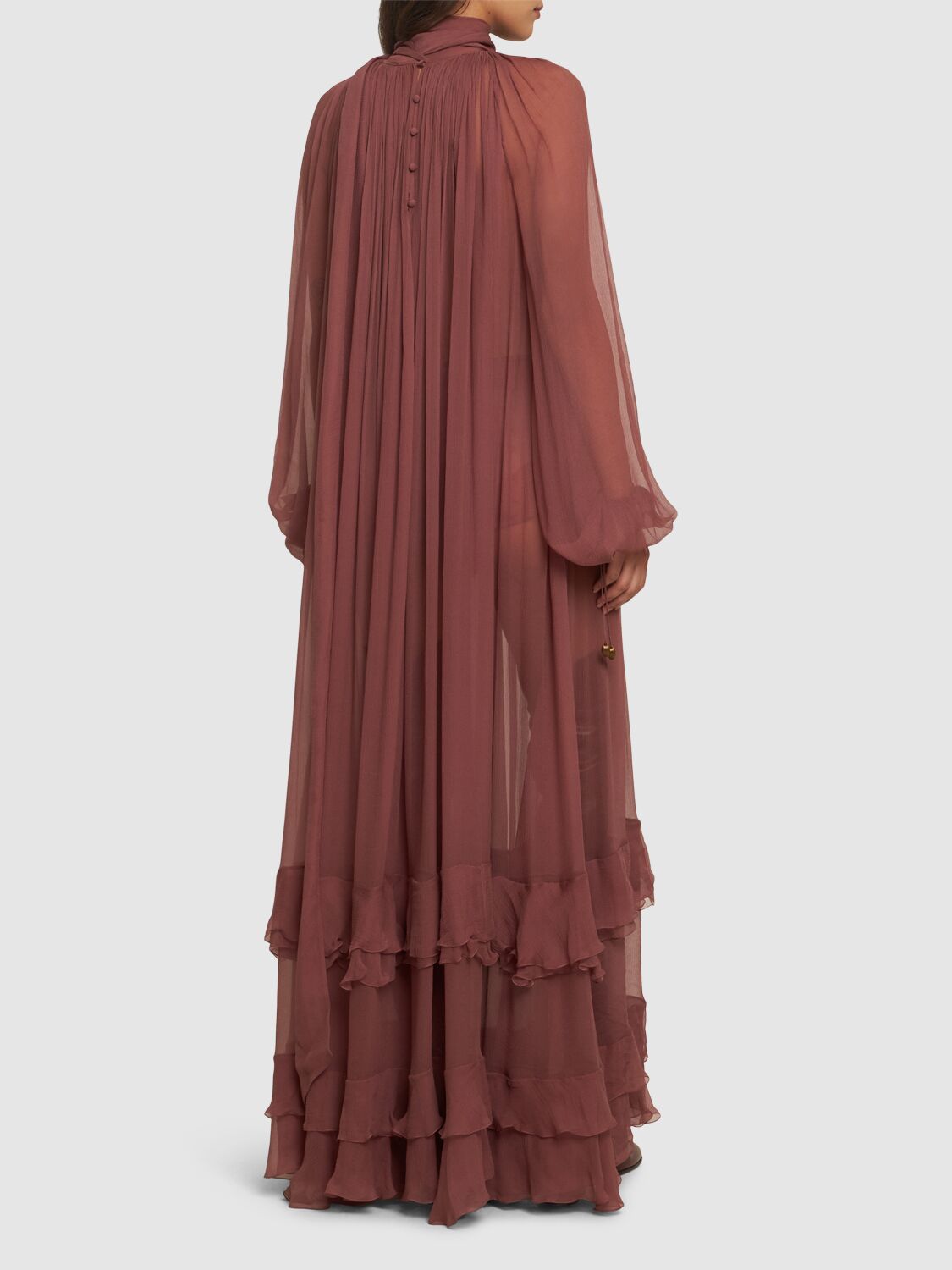 Shop Chloé Draped Silk Mousseline Long Dress In Dark Pink