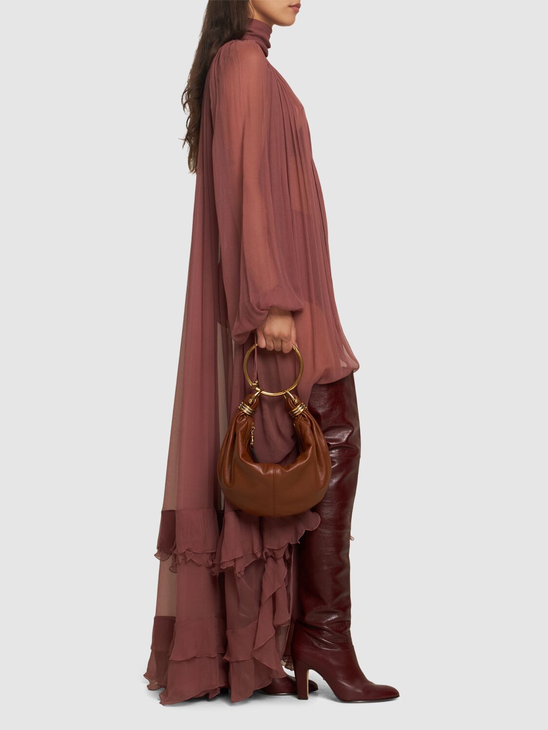 Shop Chloé Draped Silk Mousseline Long Dress In Dark Pink