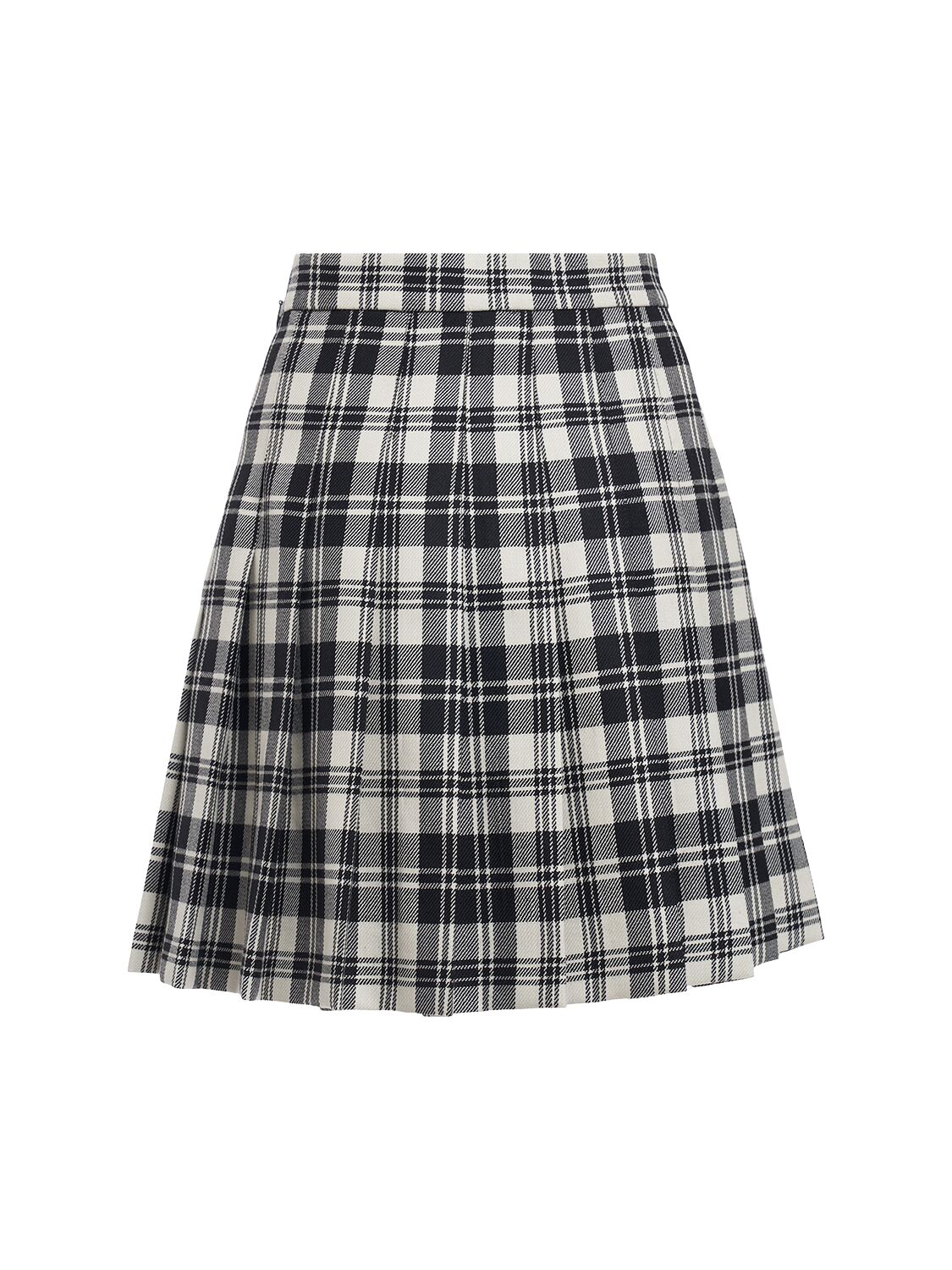 Shop Alessandra Rich Pleated Wool Tartan Mini Skirt W/buckles In Black/white