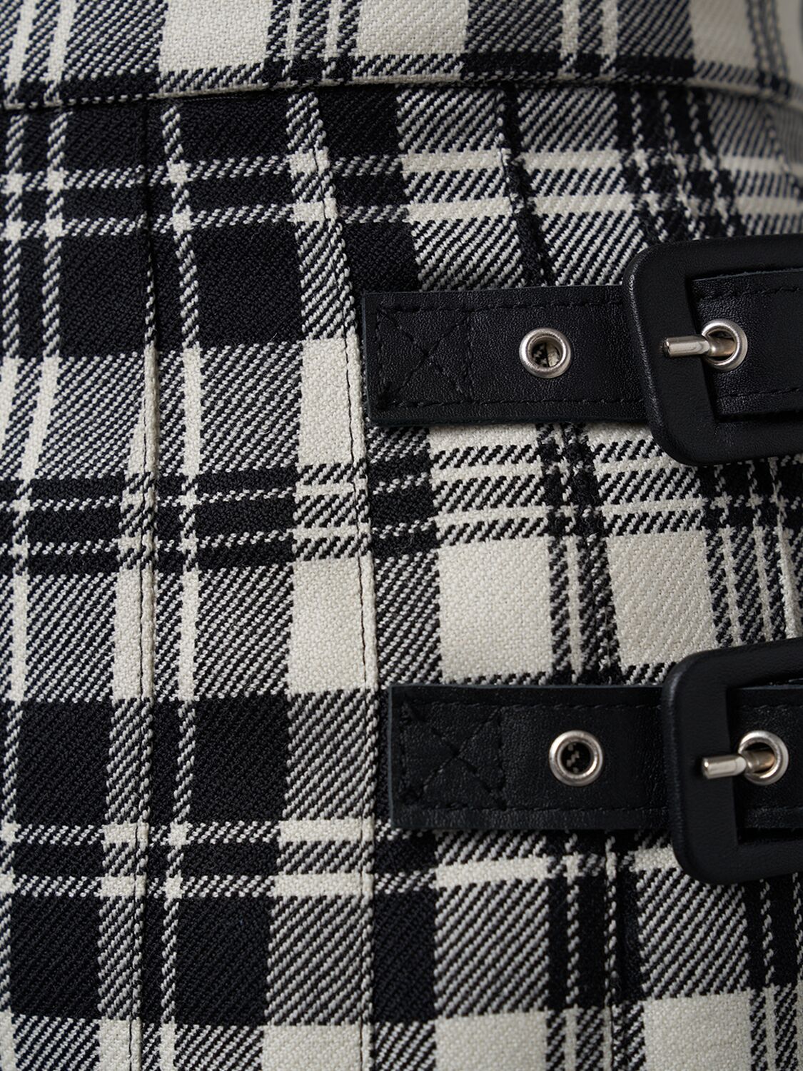 Shop Alessandra Rich Pleated Wool Tartan Mini Skirt W/buckles In Black/white
