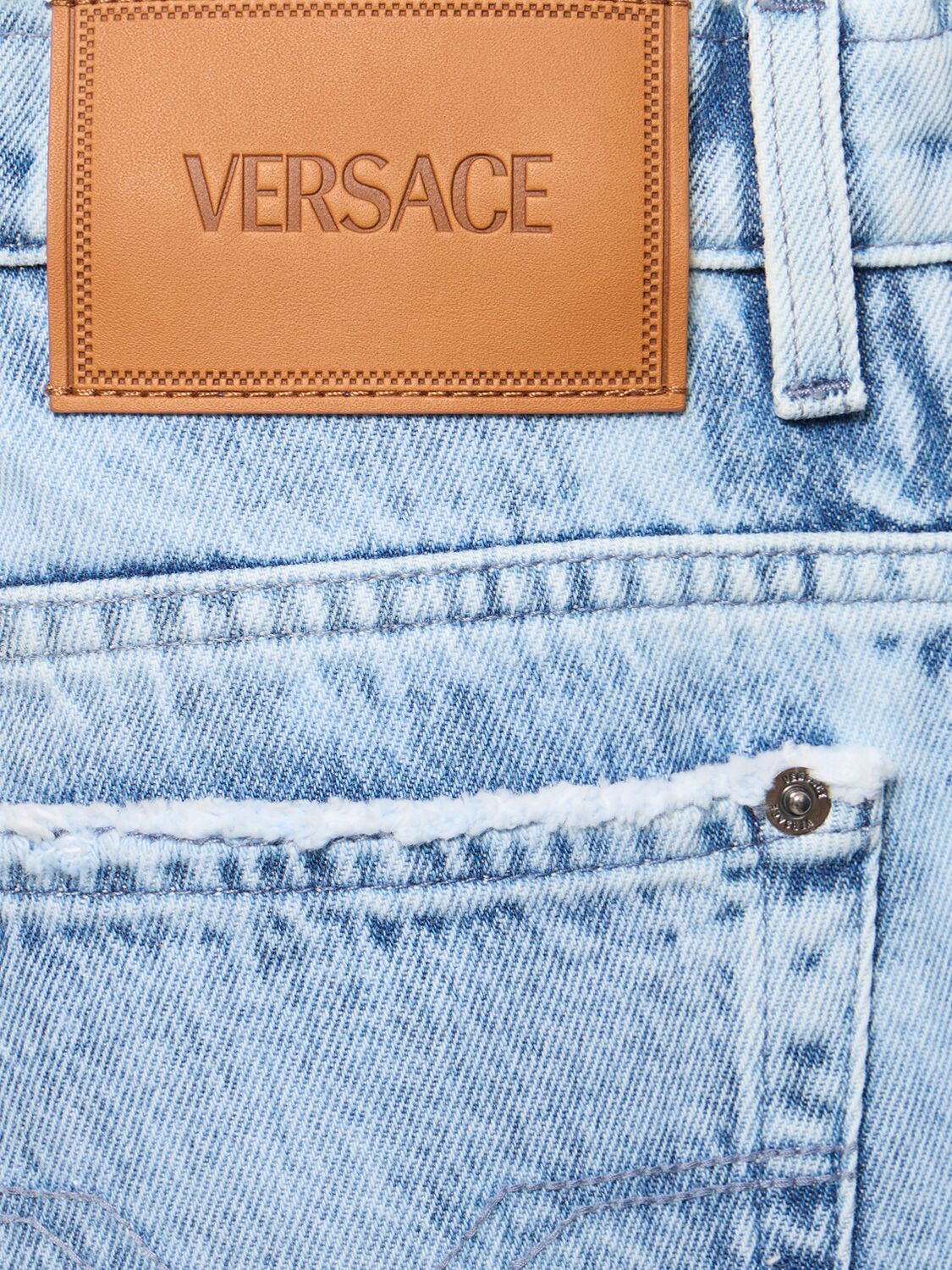 Shop Versace Stonewashed Denim Wide Jeans In Light Blue